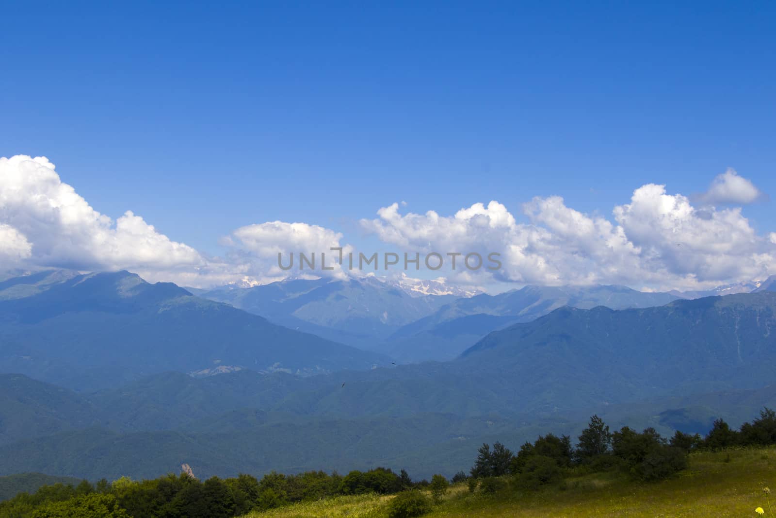 Mountains landscape and view of caucasian mountain range in Racha, Georgia