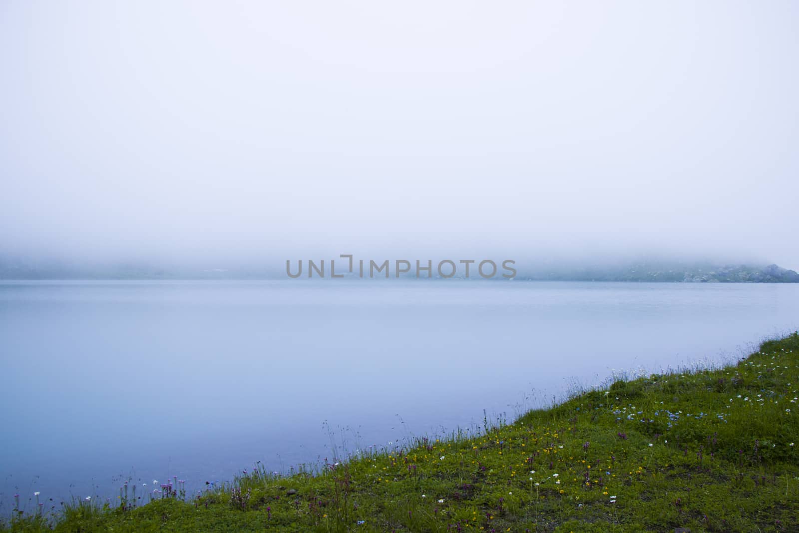 Mountain lake and fog, misty lake, amazing landscape and view of alpine lake Okhrotskhali in the Svaneti by Taidundua