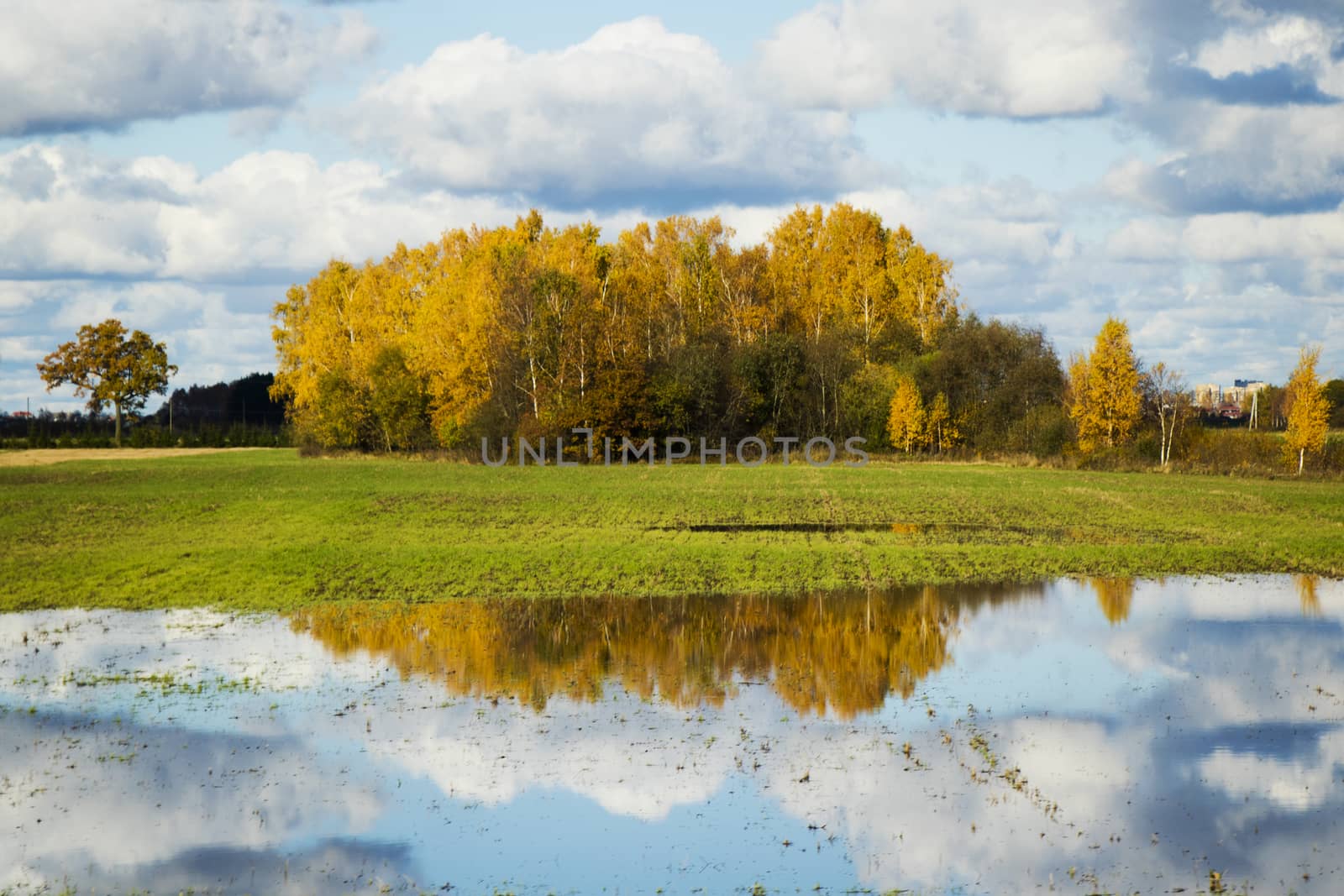 Landscape of the valley in Europe, Cloudy sky and autumn colors, trees and horizon.