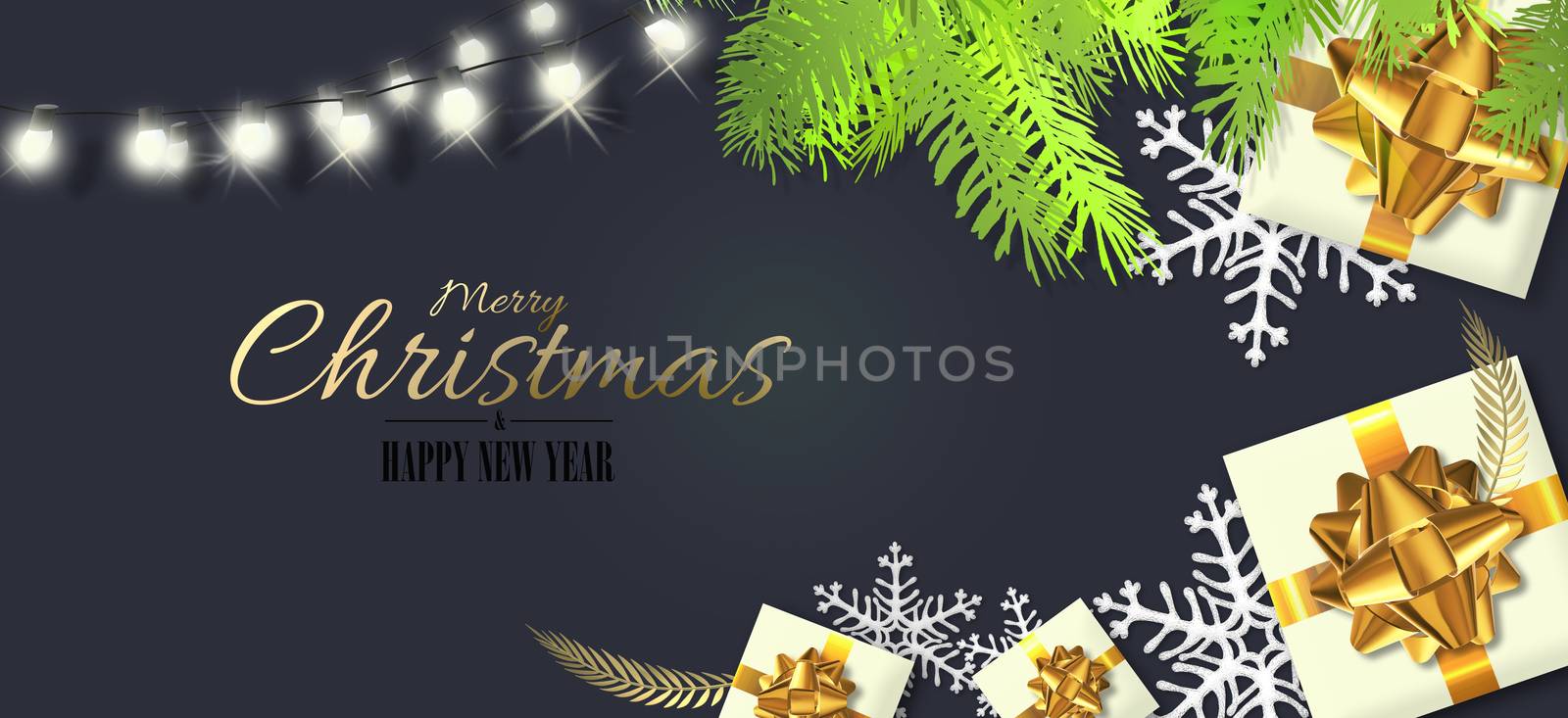 Christmas design with Xmas gift boxes in realistic 3D illustration. Xmas gift box, golden bow, Xmas fir, gold shiny text Merry Christmas Happy New Year on dark blue background. Horizontal card, header
