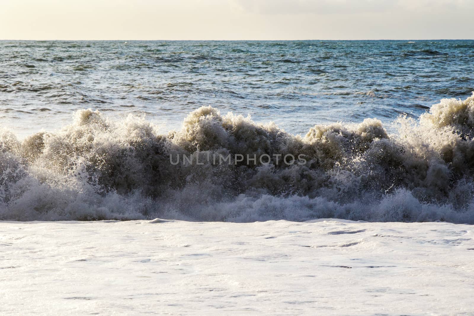 Sea and waves, stormy weather, waves and splashes in Batumi, Georgia. Stormy Black sea. Water background.