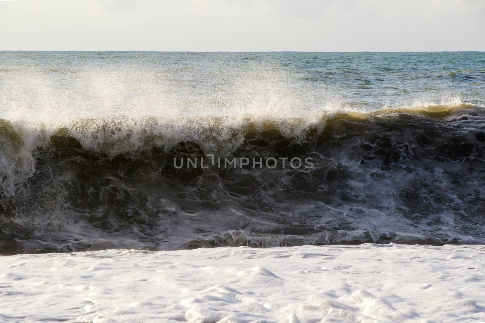 Sea and waves, stormy weather, waves and splashes in Batumi, Georgia. Stormy Black sea. Water background.