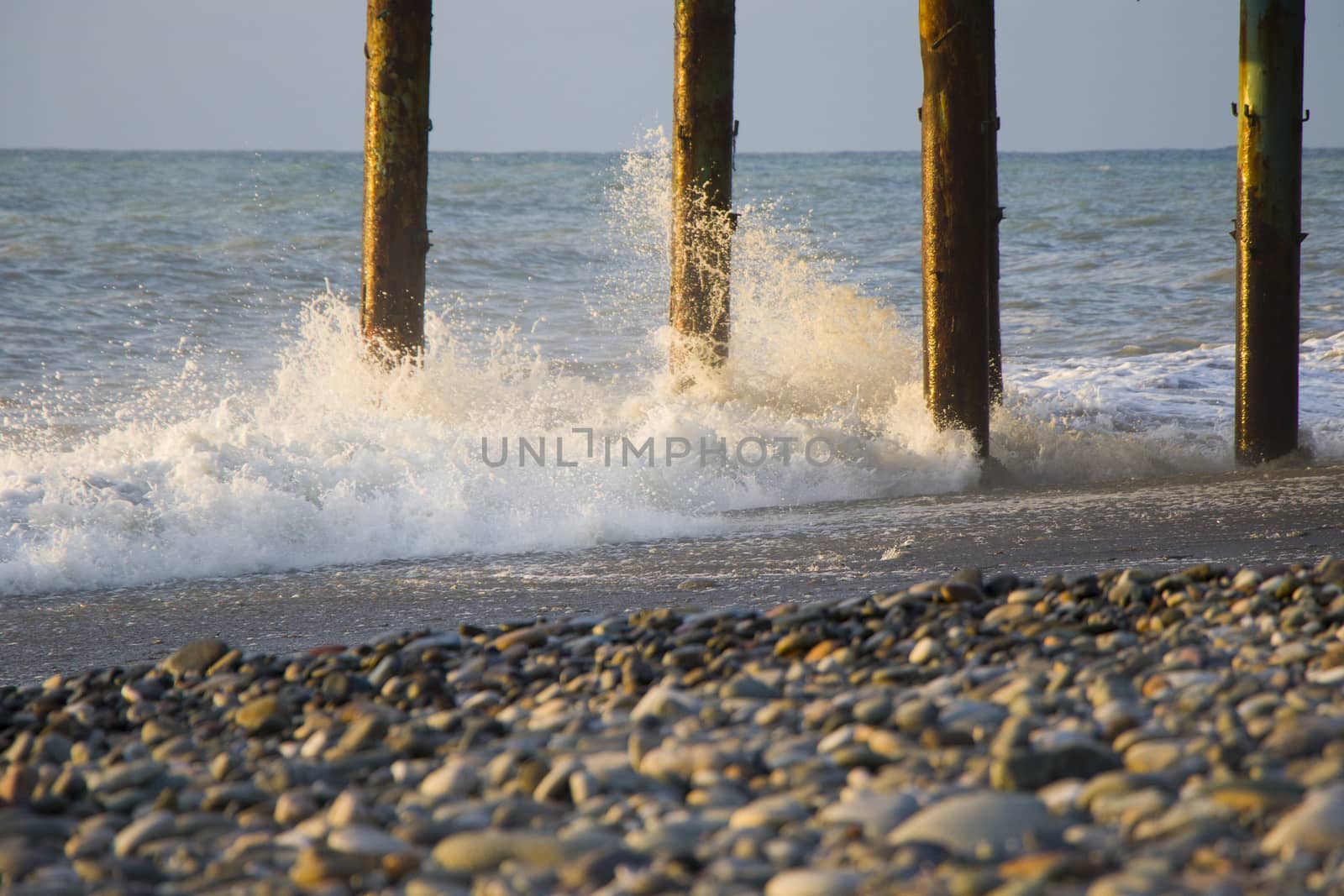 Sea and waves, stormy weather, waves and splashes in Batumi, Georgia. Stormy Black sea. Water background.