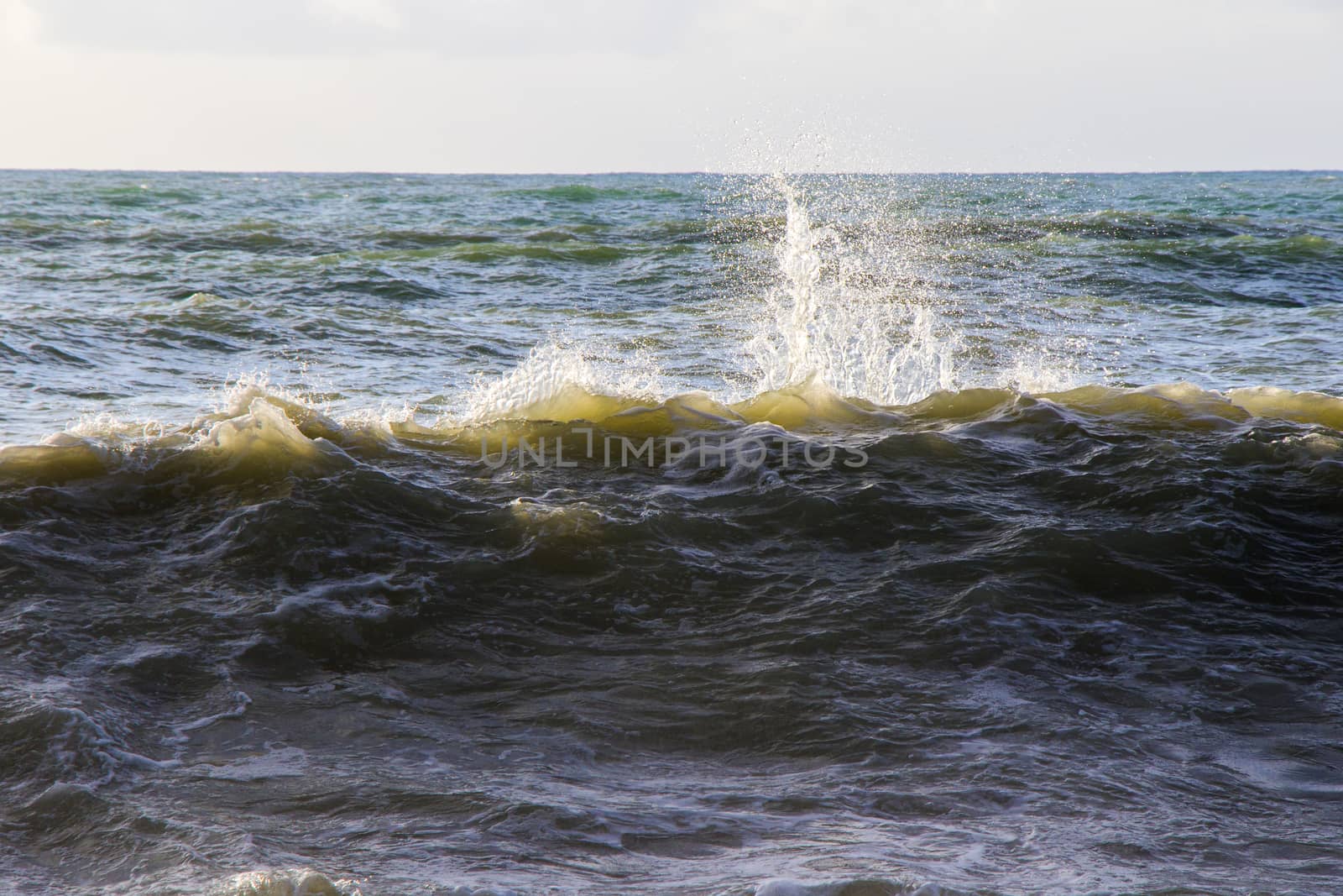 Stormy weather, waves and splashes in Batumi, Georgia. Stormy Black sea. Water background.