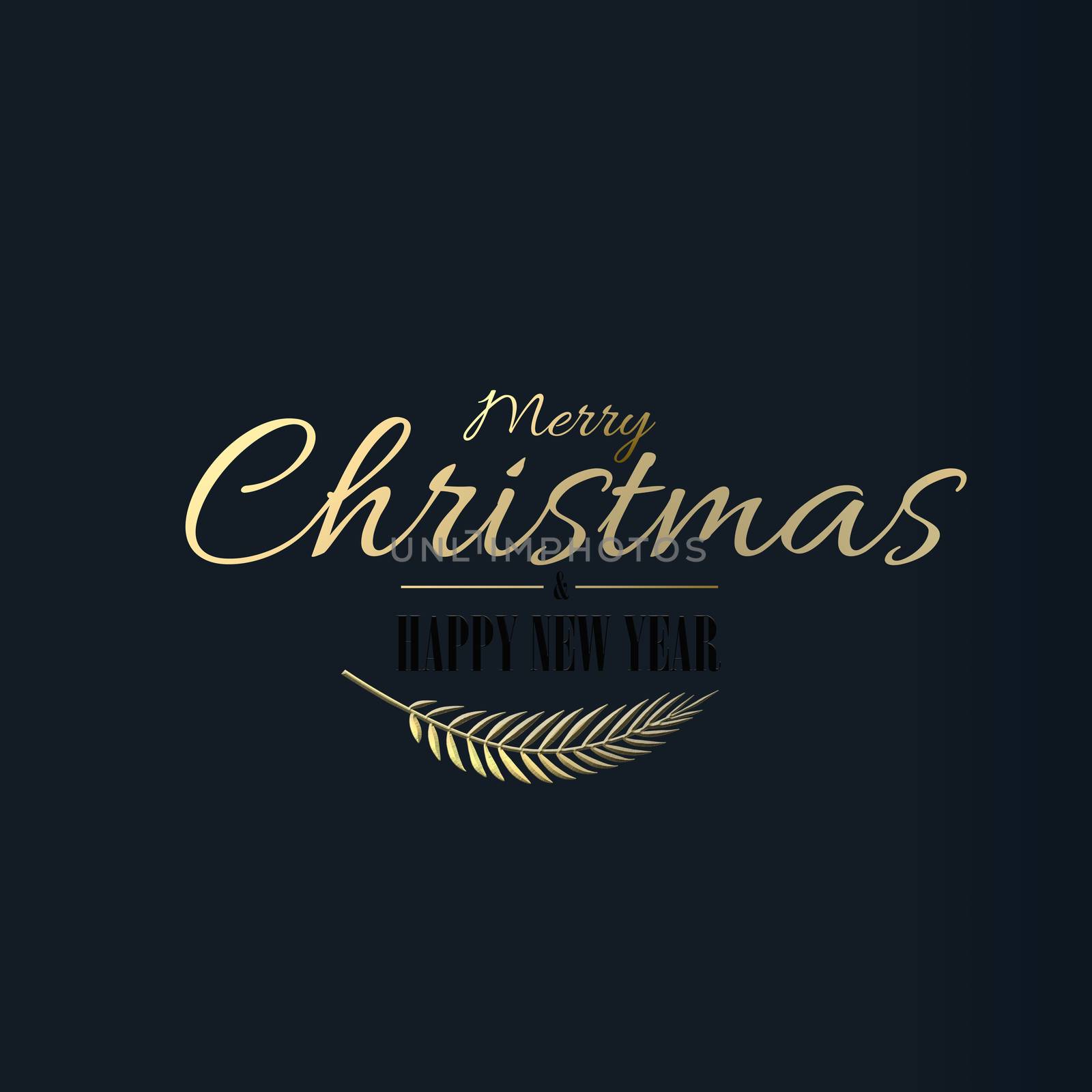 Stylish luxury minimalist Christmas design in gold and black. Golden text Merry Christmas Happy New Year on blue black background, Trendy elegant invitation Xmas card in 3D illustration