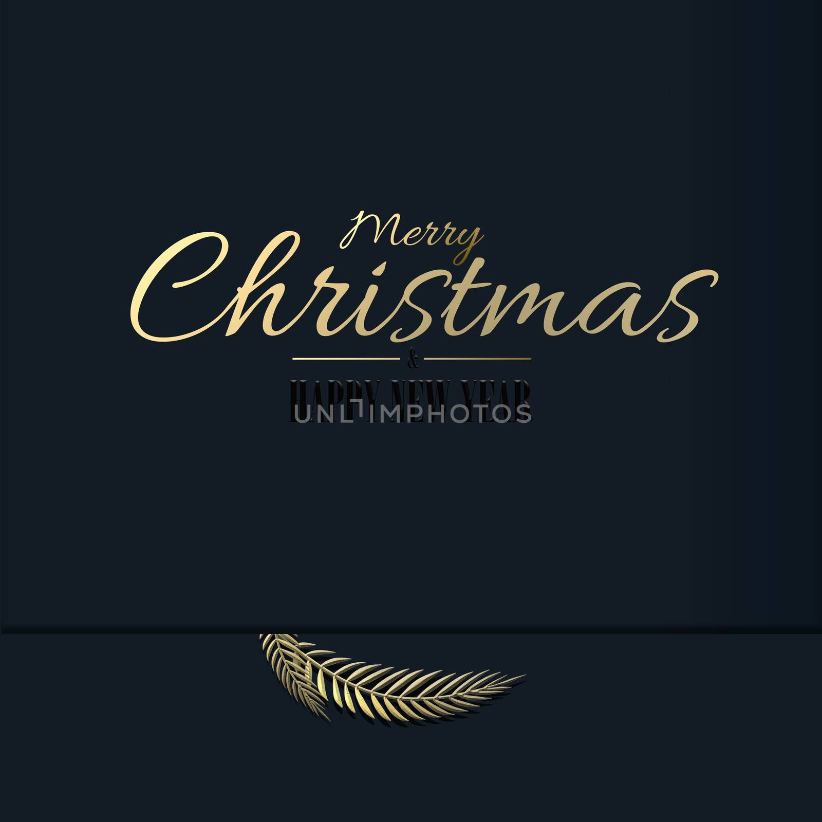 Minimalist Christmas New Year card, design. Gold text Merry Christmas Happy New Year, 3D leaves over dark blue black. Festive luxury modern Xmas Business card for invitation, greeting. 3D illustration