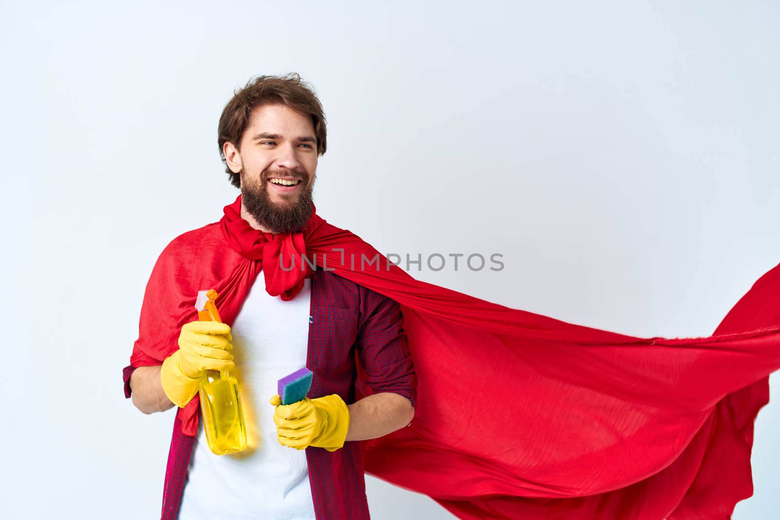 Man with detergent red raincoat professioMan with detergent red raincoat professional work.nal work. High quality photo