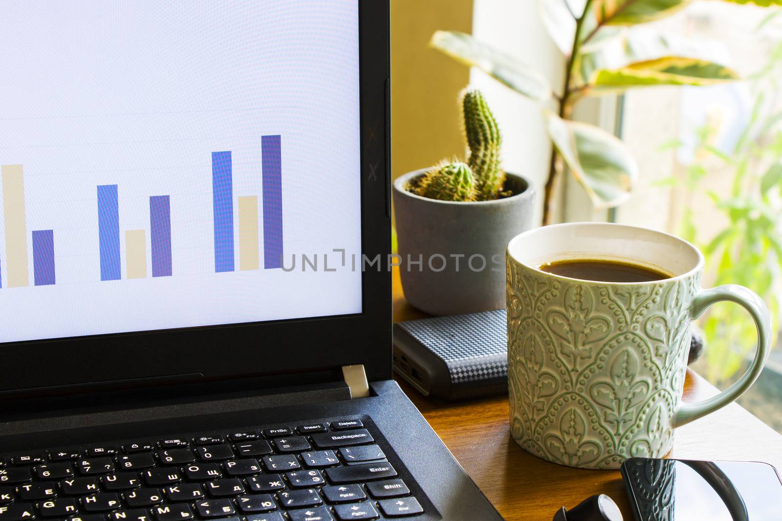 Workspace at home, notebook, mobile device, coffee and plants on the table, laptop desktop