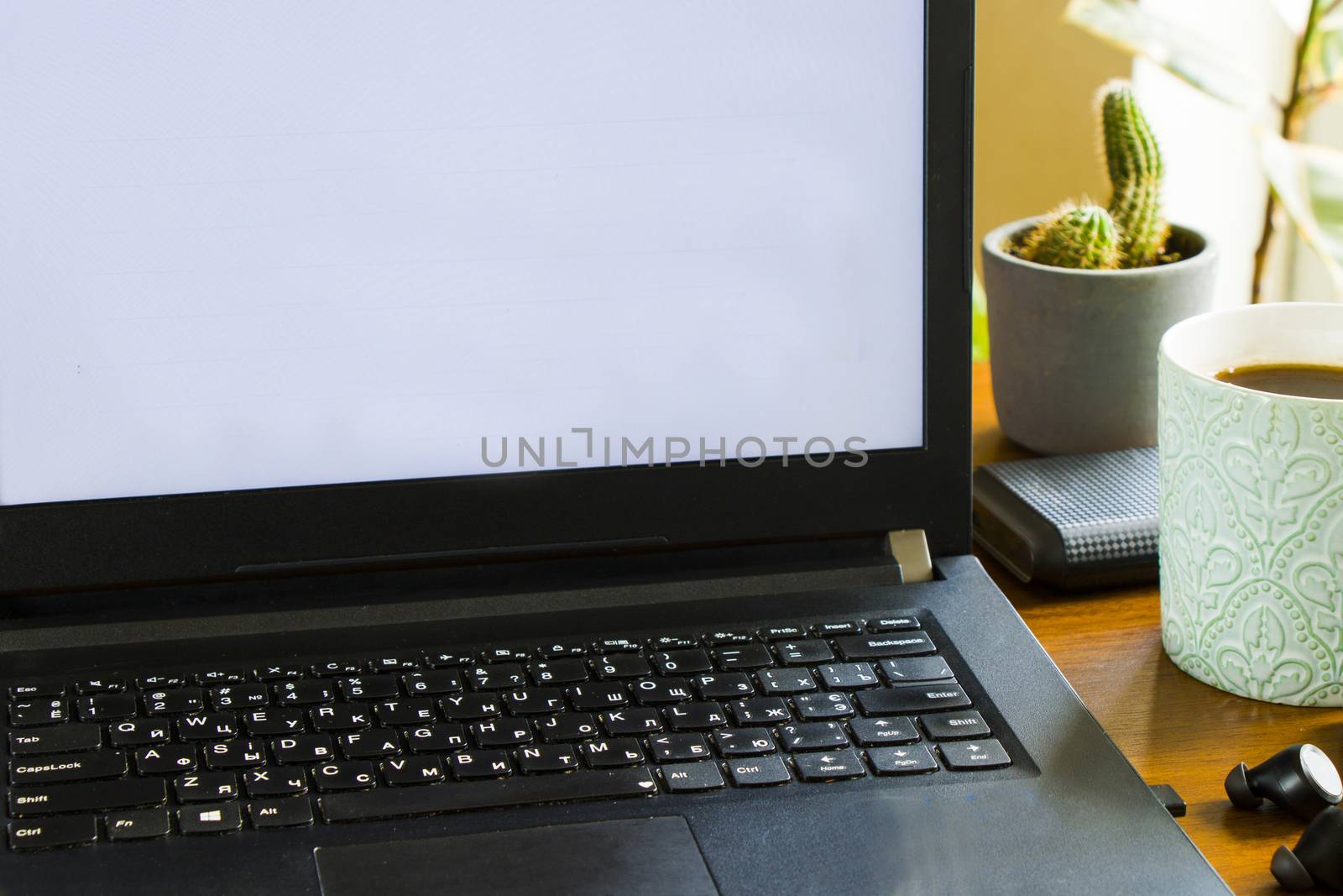 Workspace at home, notebook, mobile device, coffee and plants on the table, laptop desktop