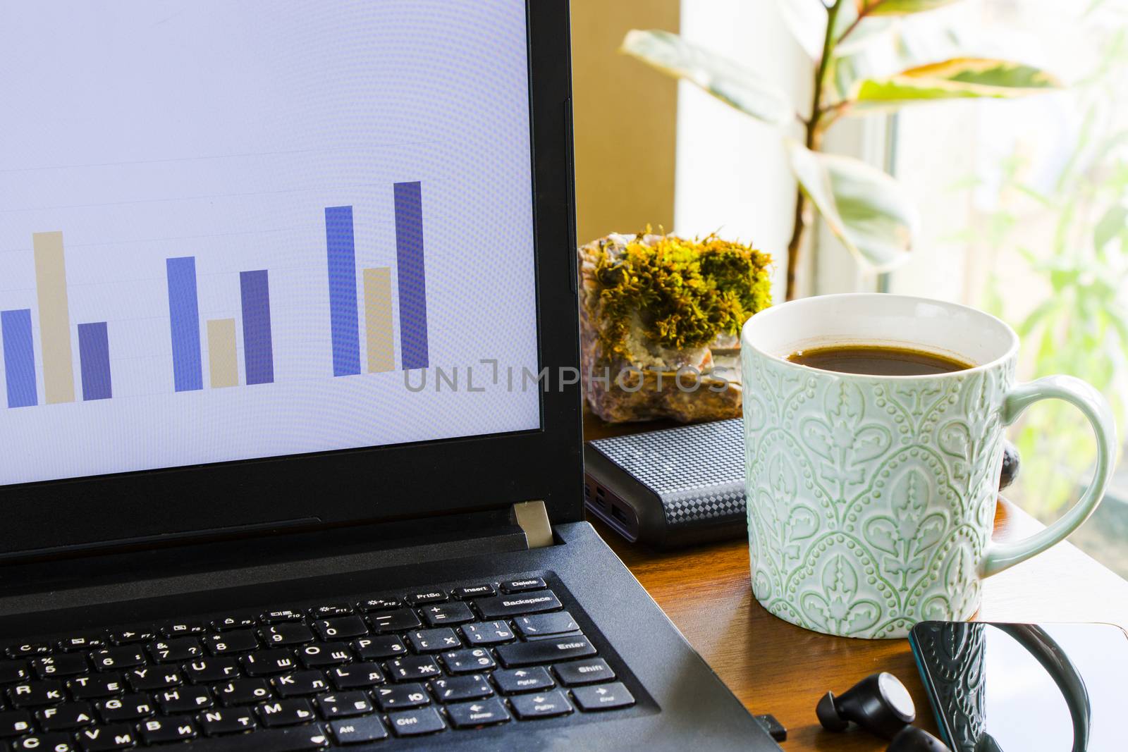 Workspace at home, notebook, mobile device, coffee and plants on the table, laptop desktop