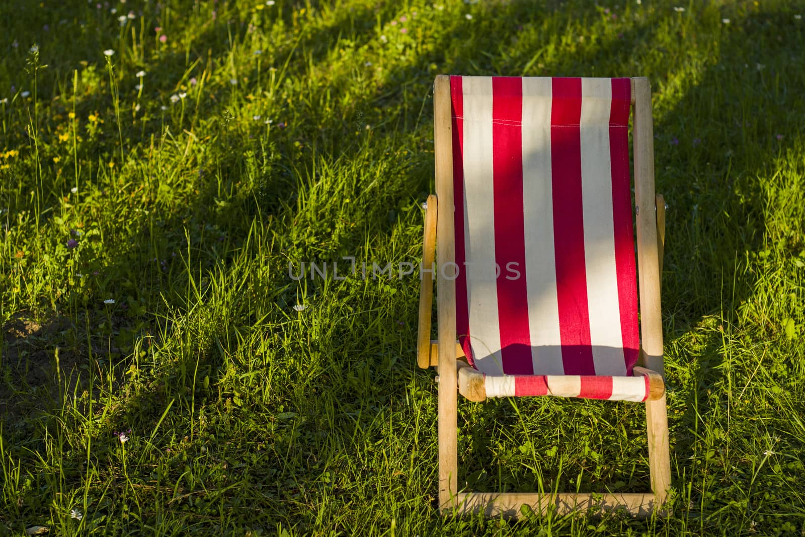 Yard chair on the grass, summer holiday background. Copy paste space. by Taidundua