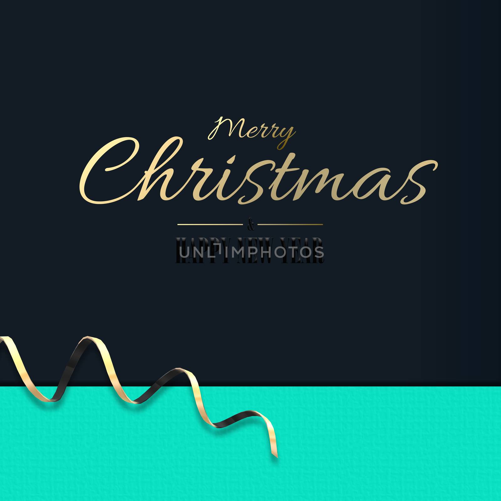 Minimalist Christmas holiday design. Golden serpentine, gold text Merry Christmas Happy New Year on turquoise blue background. 3D illustration, Business invitations, greetings, elegant holiday card