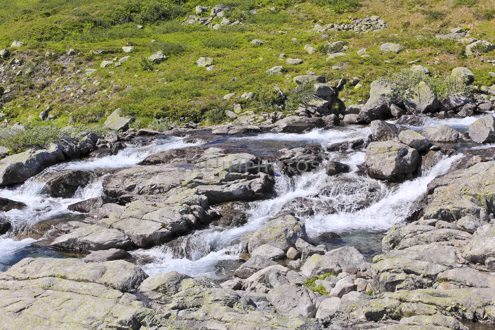 Beautiful Storebottåne river by the vavatn lake. Summer landscape in Hemsedal, Buskerud, Norway.