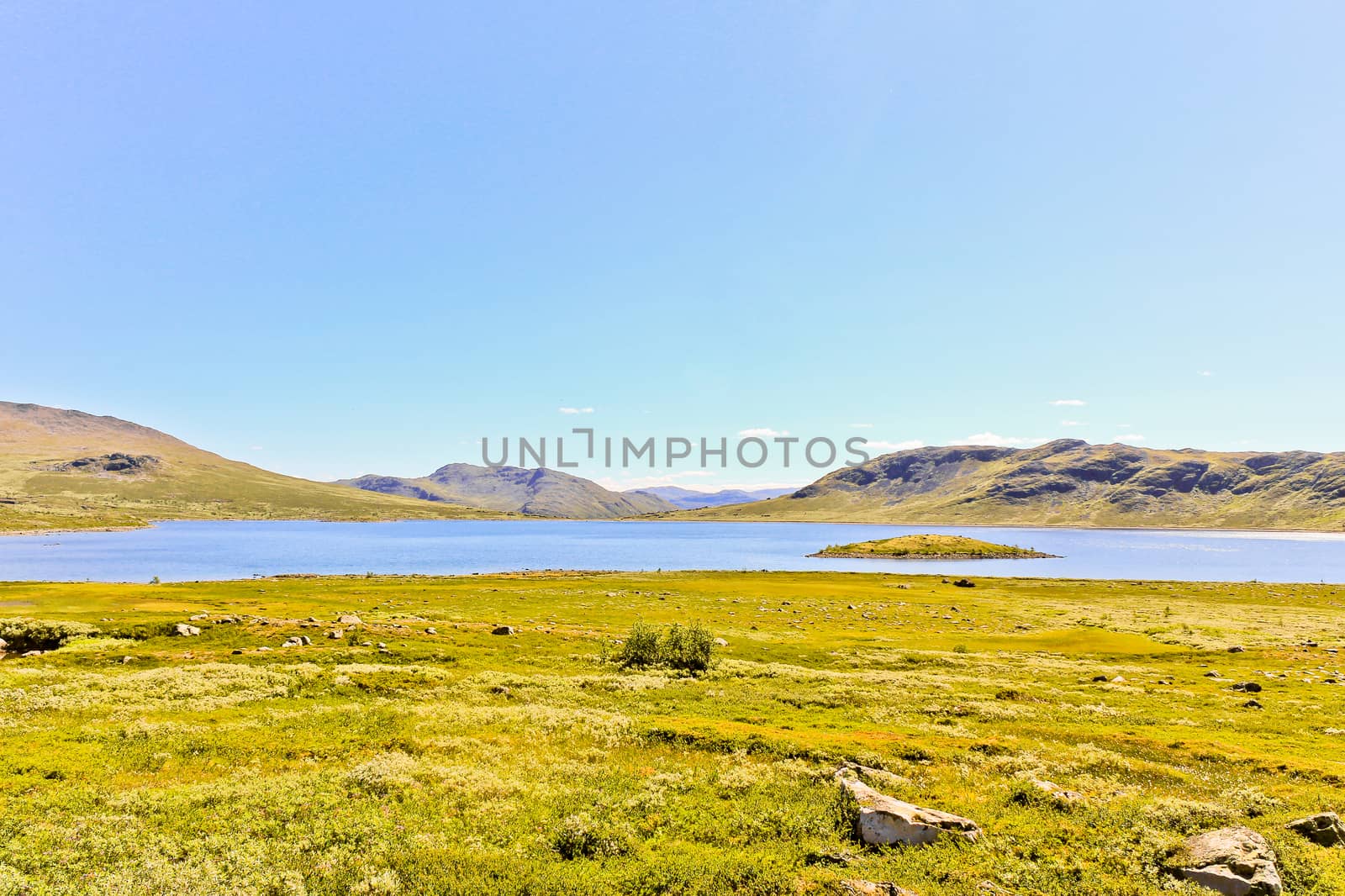 Beautiful Vavatn lake and mountains in the summertime in Hemsedal, Buskeud, Norway.