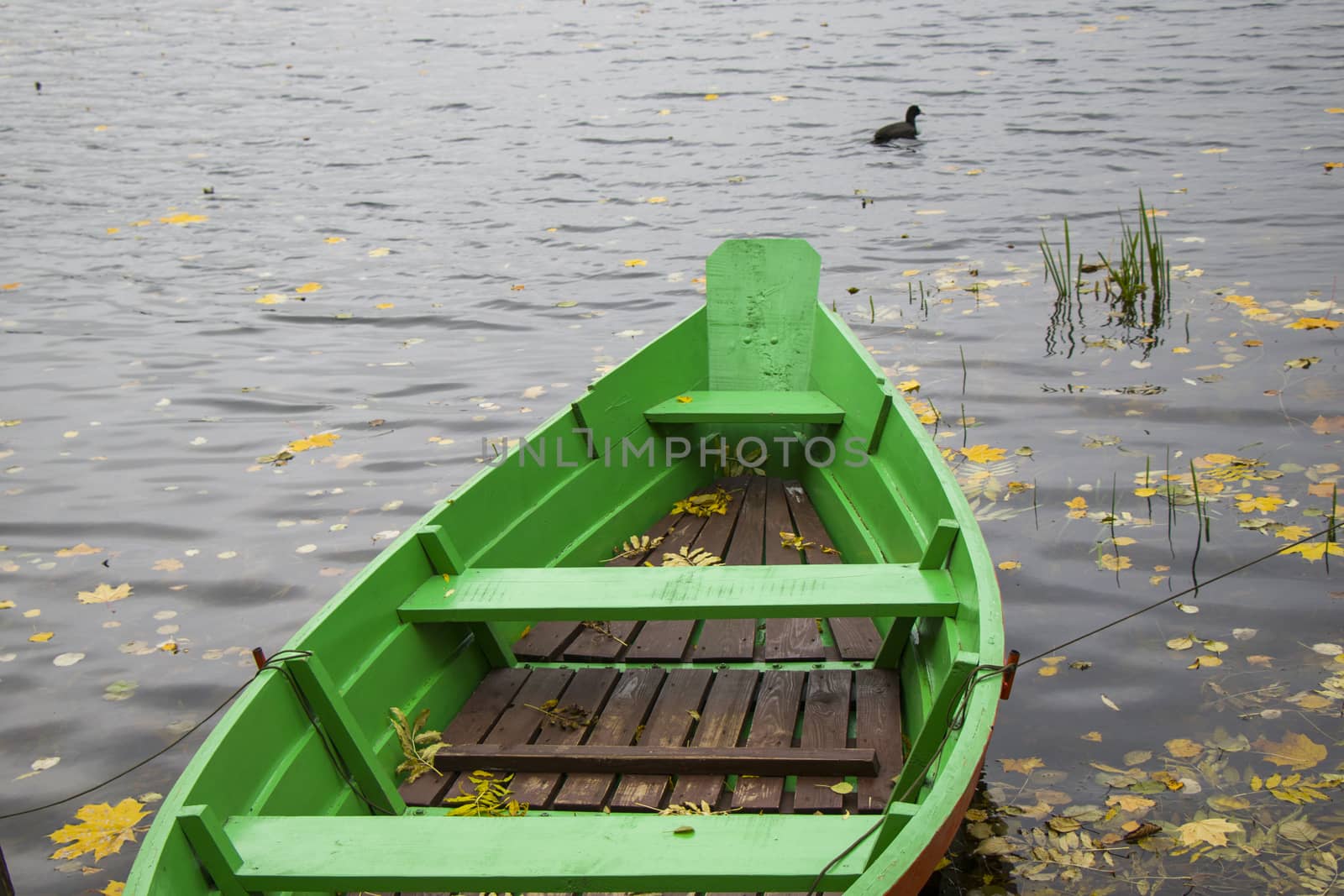 Old wooden boats near the beach of Trakai Gavle lake , Lithuania. Autumn and fall time.