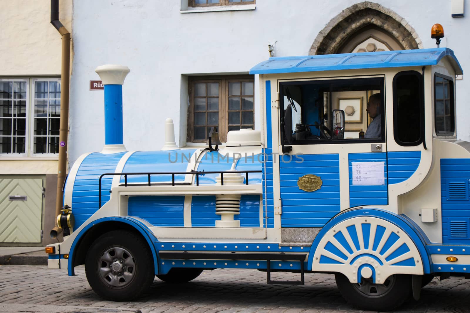 TALLINN, ESTONIA - OCTOBER 20, 2017: Blue tramway in the street