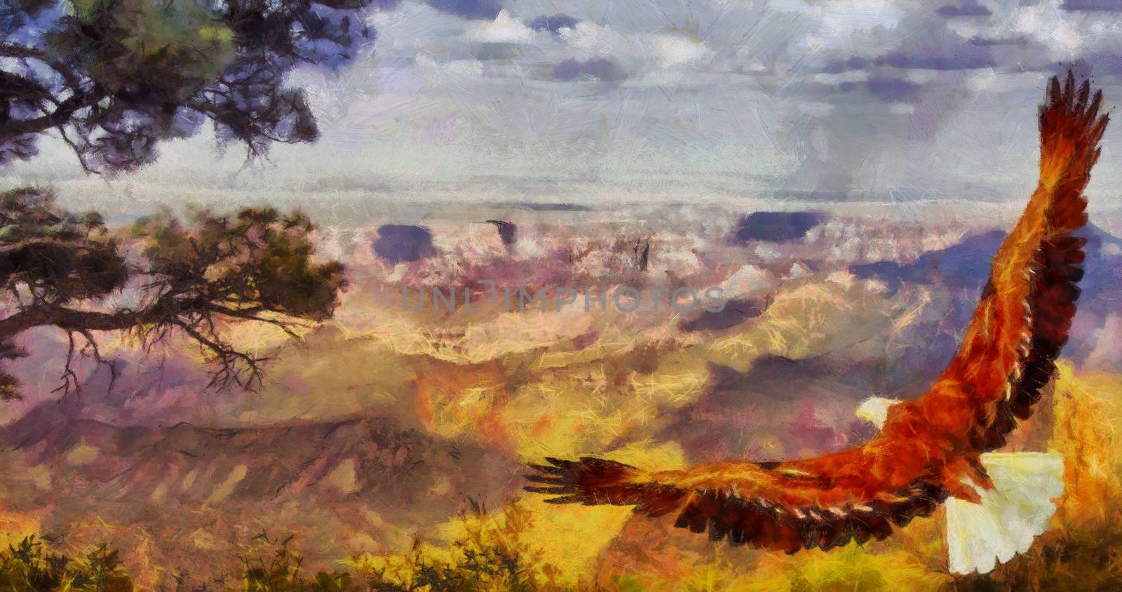Eagle soars over Grand Canyon. 3D rendering