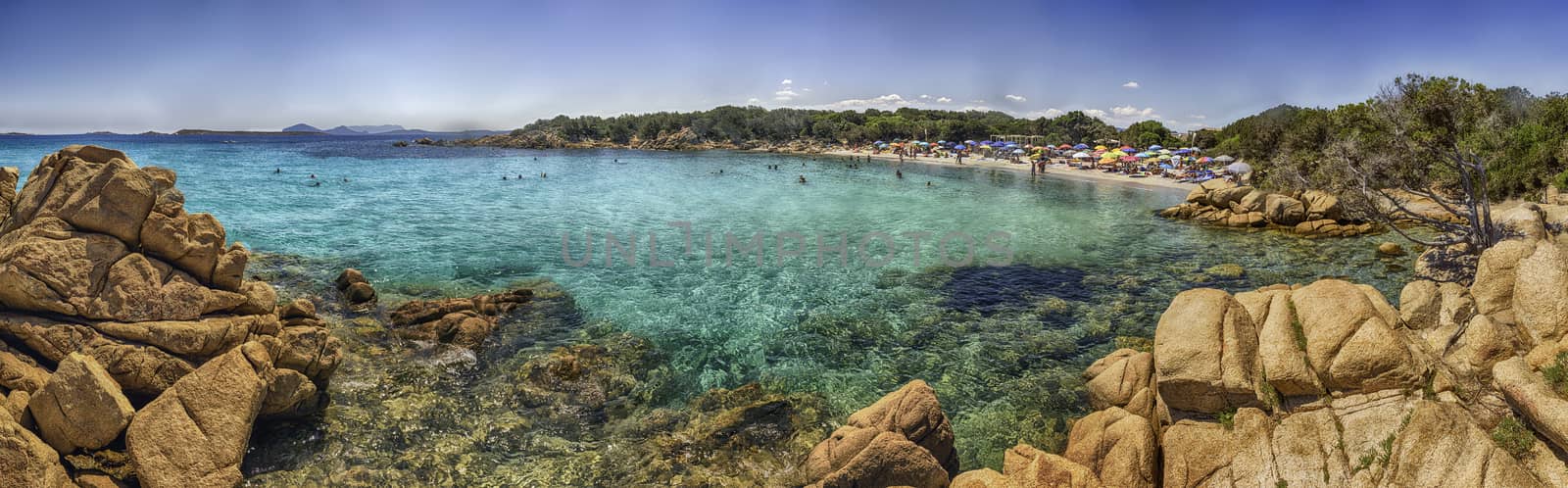 Panoramic view over the enchanting beach of Capriccioli, one of the most beautiful seaside places in Costa Smeralda, northern Sardinia, Italy