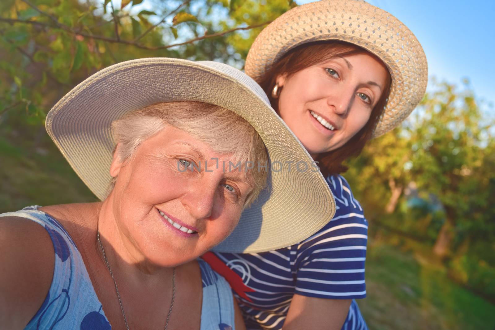 portrait of a happy elderly woman hugging her daughter and makes selfie at the garden by Nickstock
