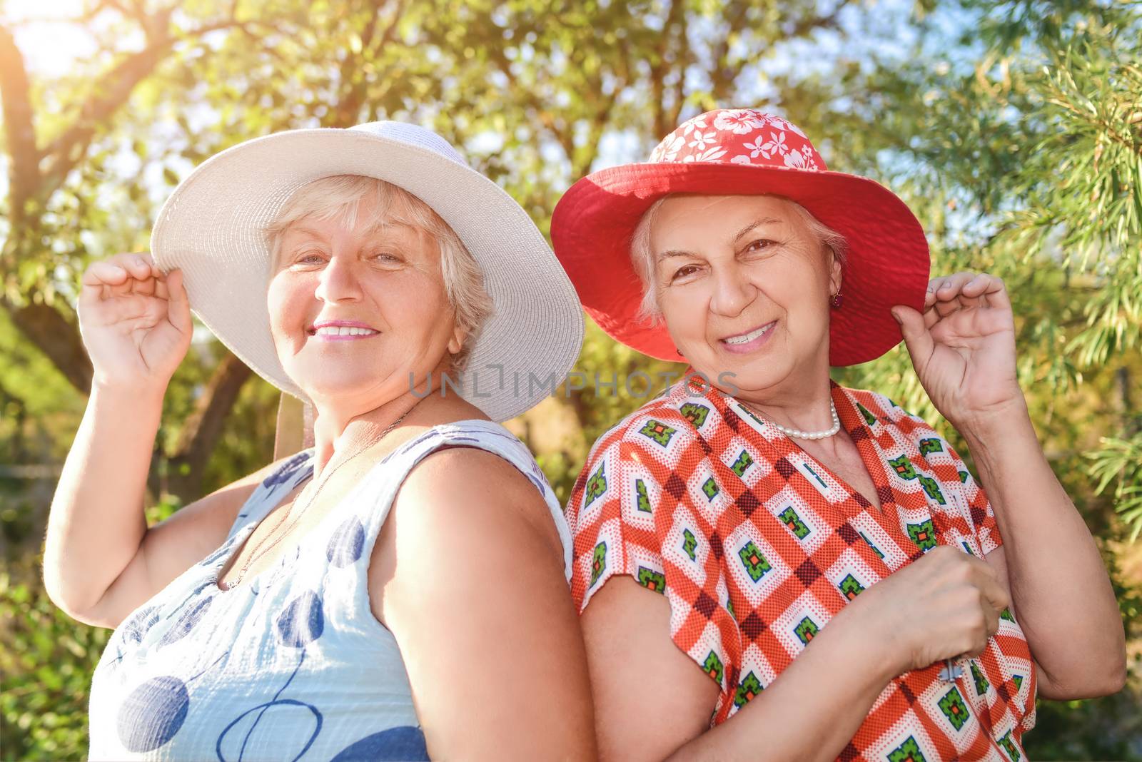 Walk in the garden. Two retired women best friends in hats walk happily in the garden. by Nickstock