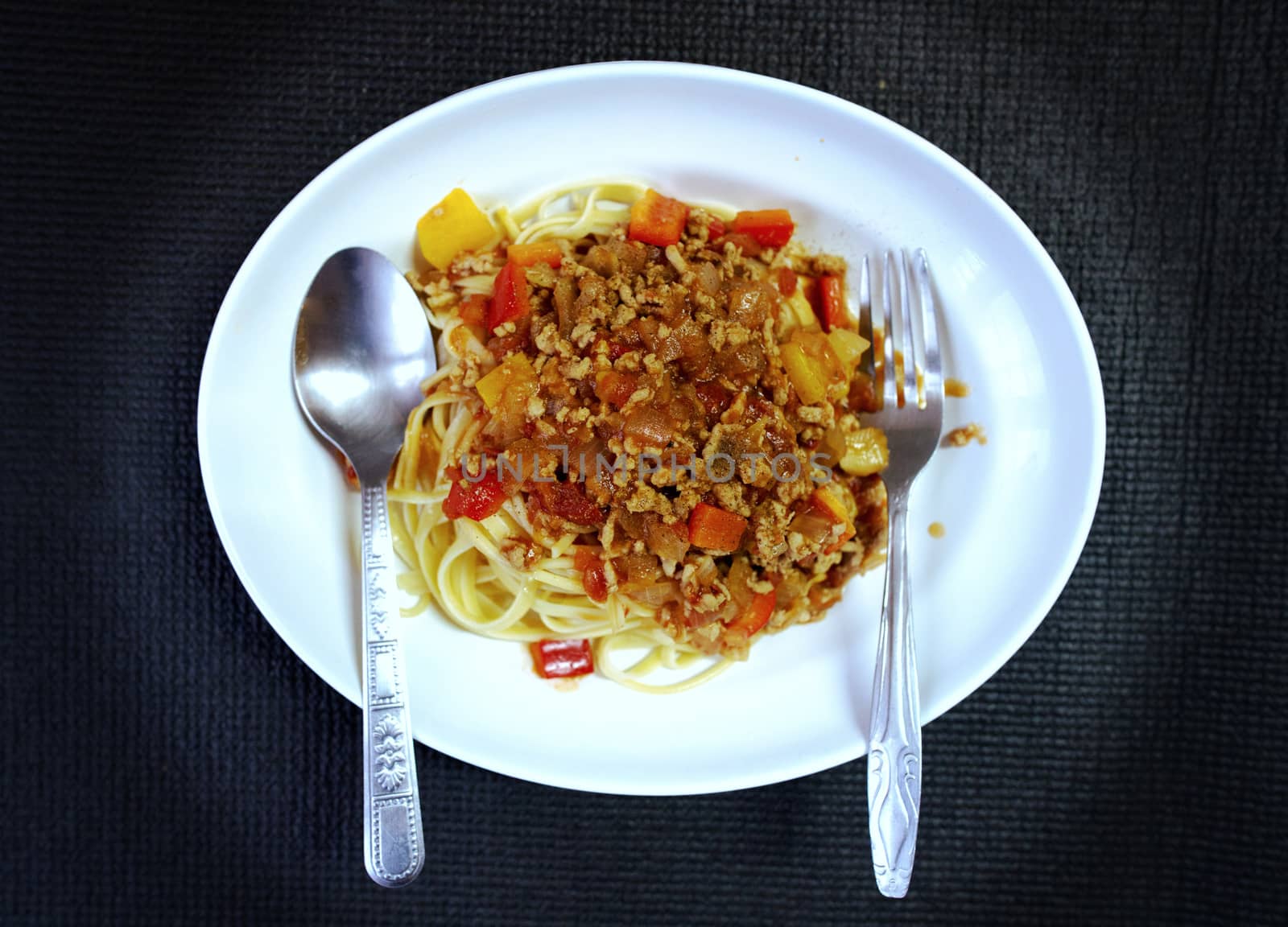 Vintage image of pork chop spaghetti, applied Thai style, top fr by noppha80