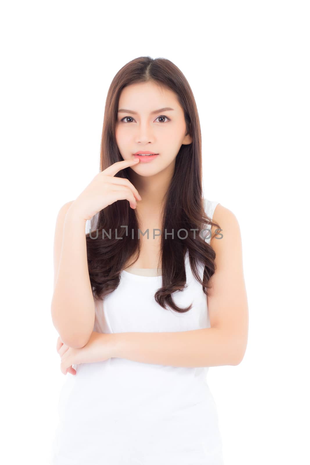 Portrait of beautiful asian woman makeup of cosmetic, girl hand touch mouth and smile attractive, lips beauty perfect with wellness isolated on white background with healthcare concept.