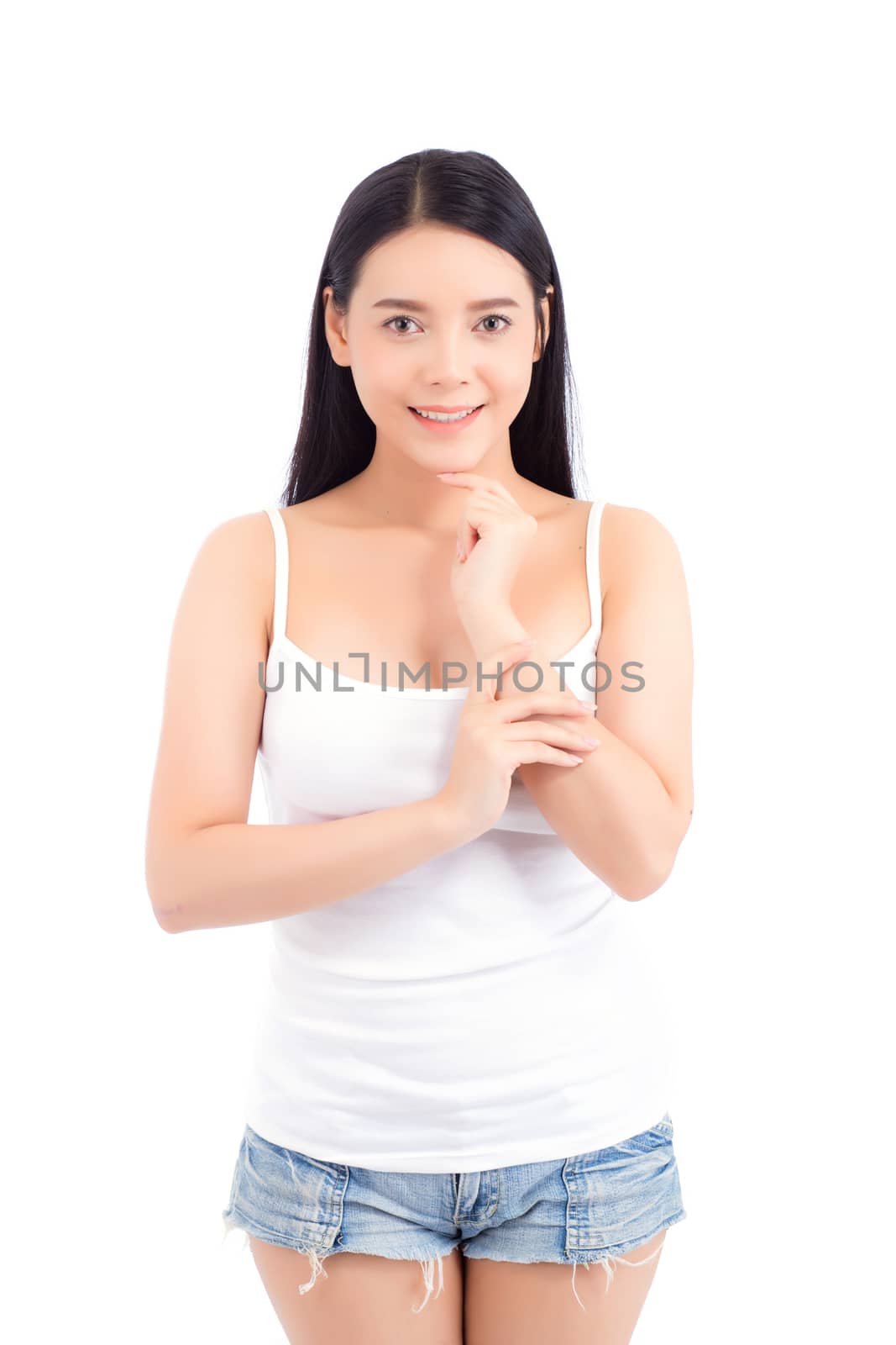 Portrait of beautiful asian woman makeup of cosmetic, girl hand touch chin and smile attractive, face of woman beauty perfect with wellness isolated on white background with skin healthcare concept.