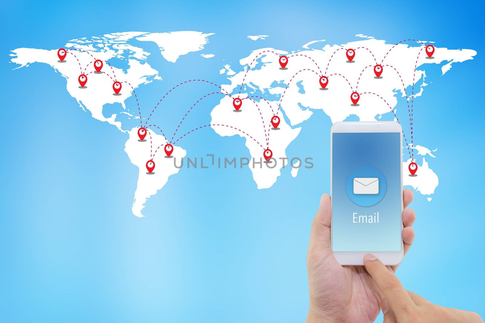 Hand holding man check and sending message with email in a phone on world map background, communication concept, , Elements of this image furnished by NASA.