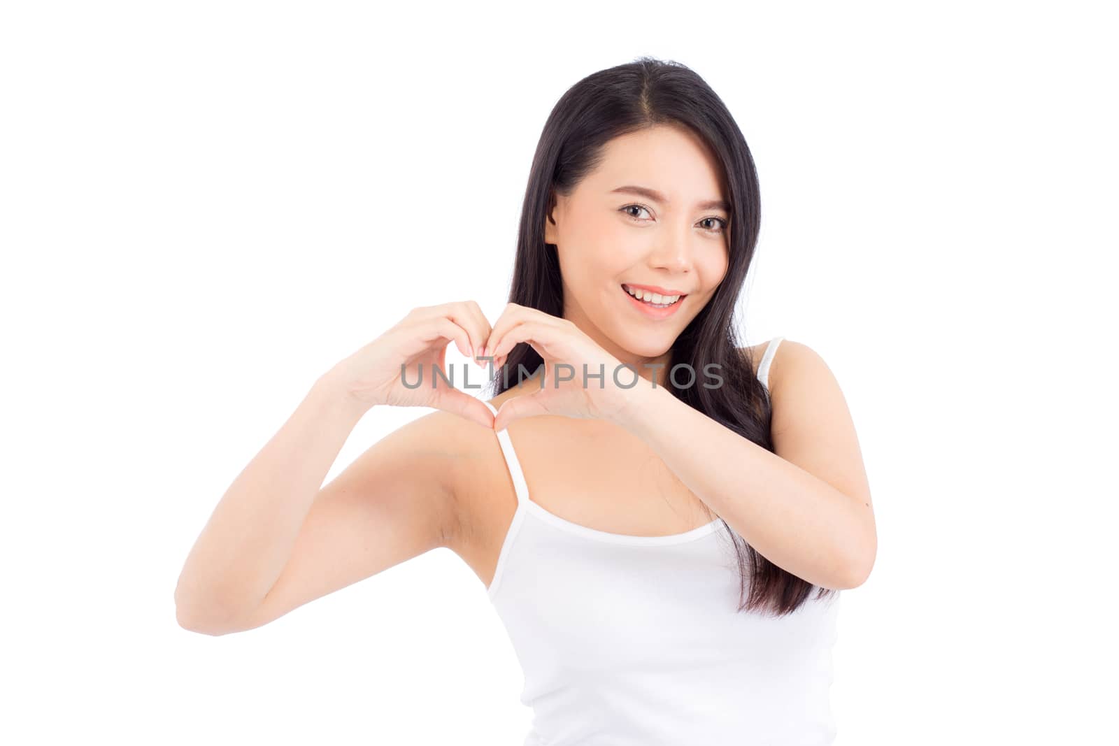 Beautiful of portrait asian young woman standing gesture heart shape, girl romantic with expression show love posing, valentines day concept.