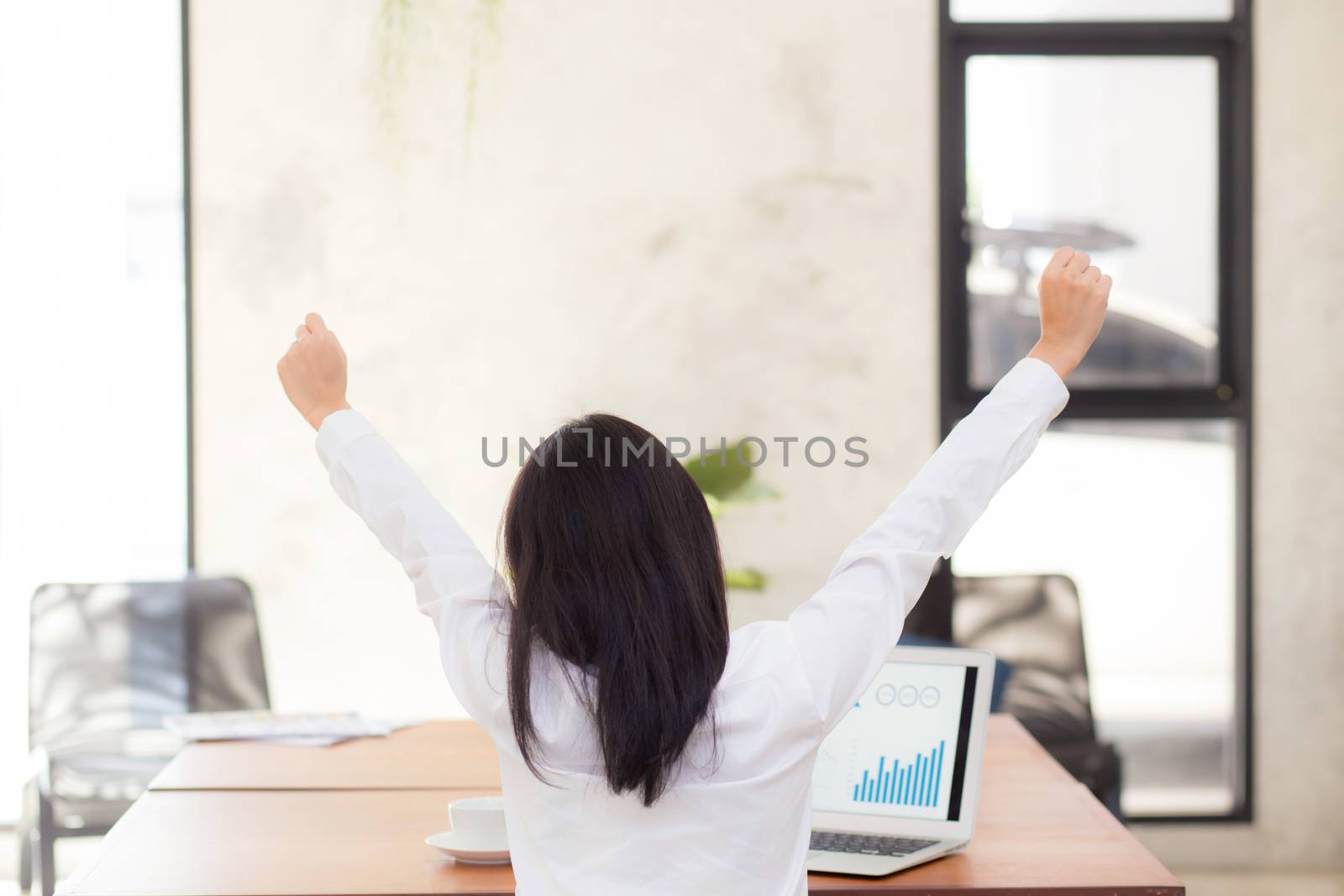 beautiful asian young business woman excited and glad of success with laptop, girl with winner and happy on the office career freelance business concept.