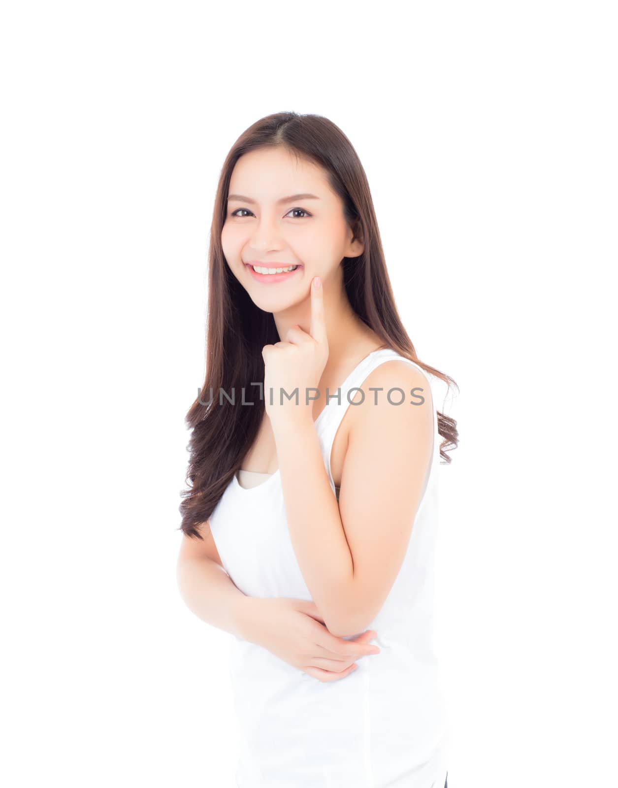 Portrait of beautiful asian woman makeup of cosmetic, girl hand touch cheek and smile attractive, face of beauty perfect with wellness isolated on white background with skin healthcare concept.