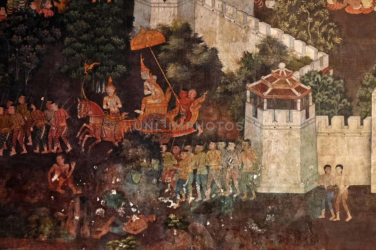 Ancient Thai Ramayana drawing on a wall (paiting is public domain) by eyeofpaul