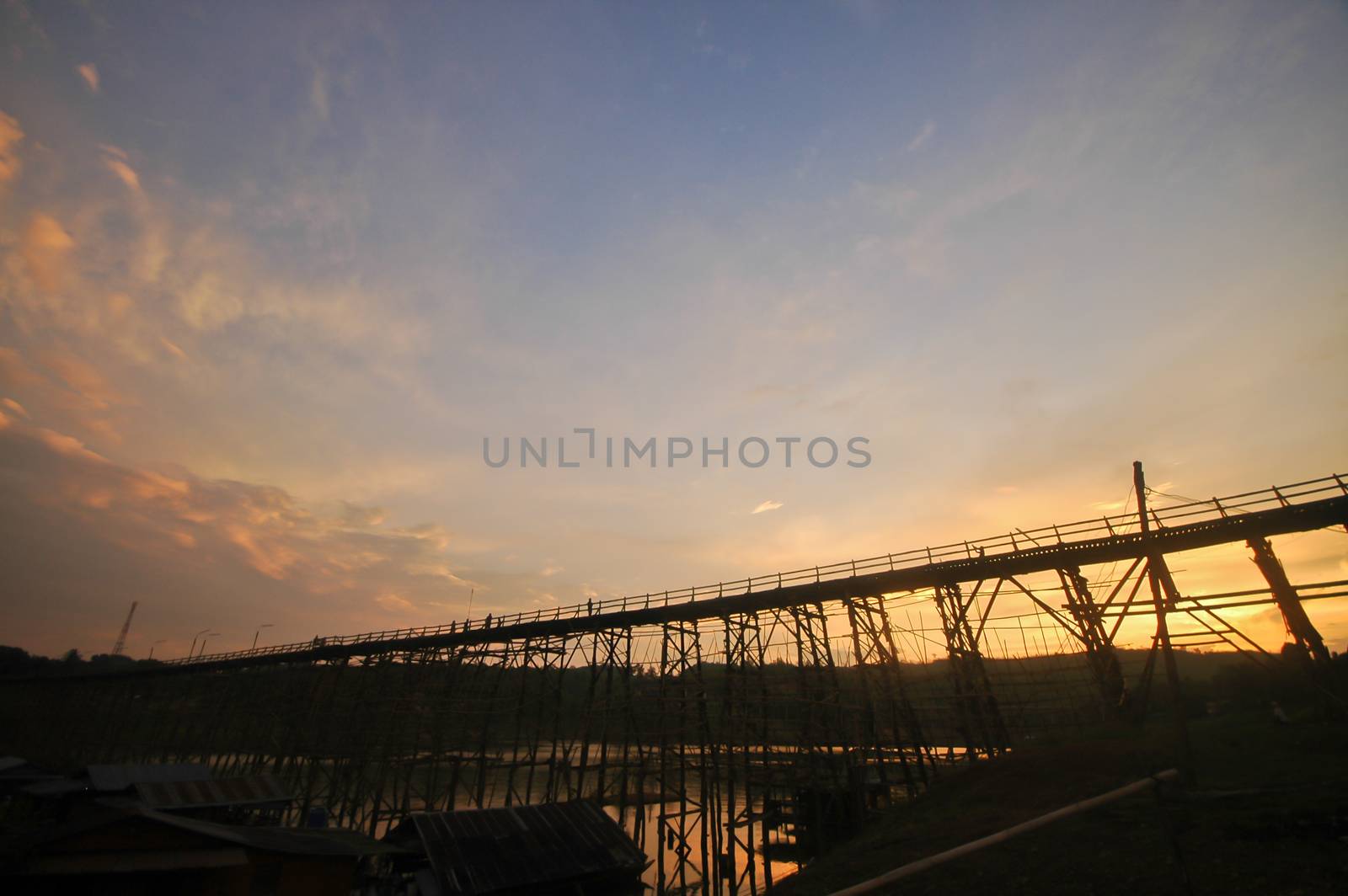 Twilight evening scene before sunset at Sangkhlaburi bamboo bridge Western Thailand
