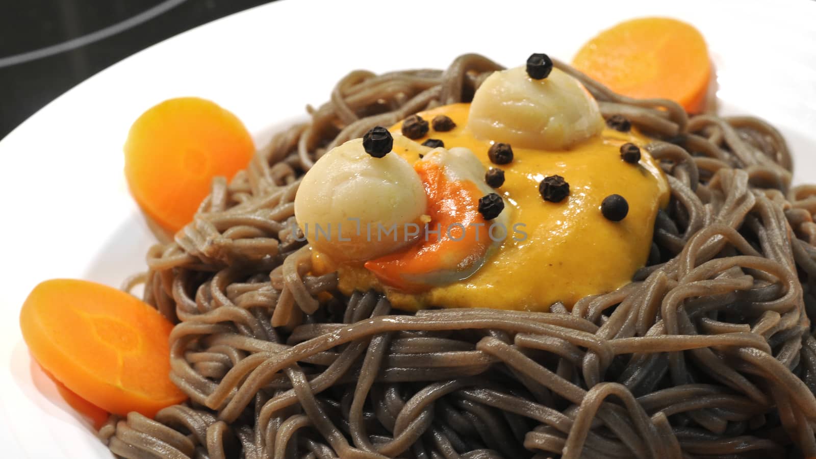 Sea scallops cheese salad on Japanese soba buckweed noodle  by eyeofpaul