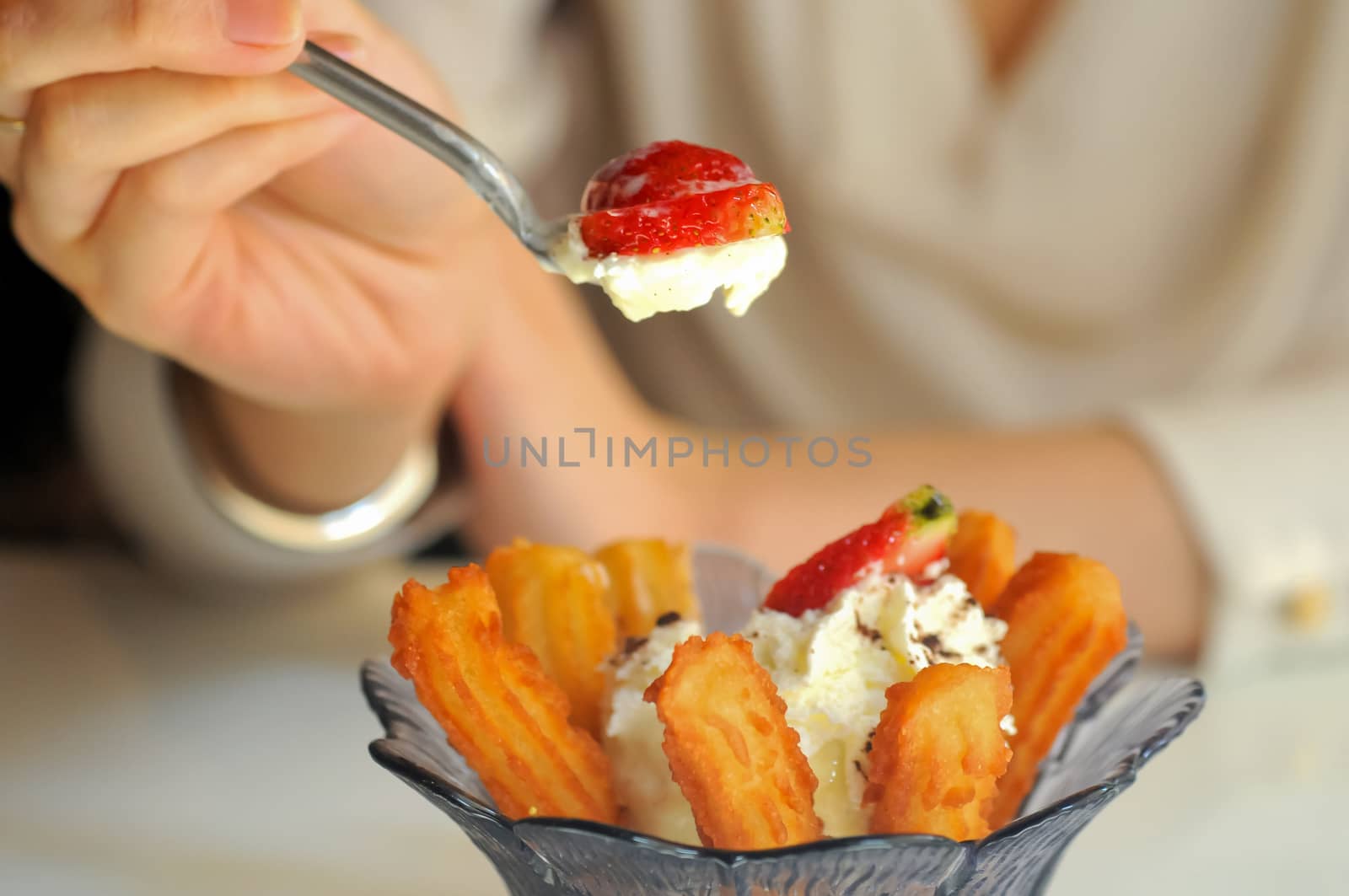 Eating strawberries vanilla icecream and Spanish churros by eyeofpaul