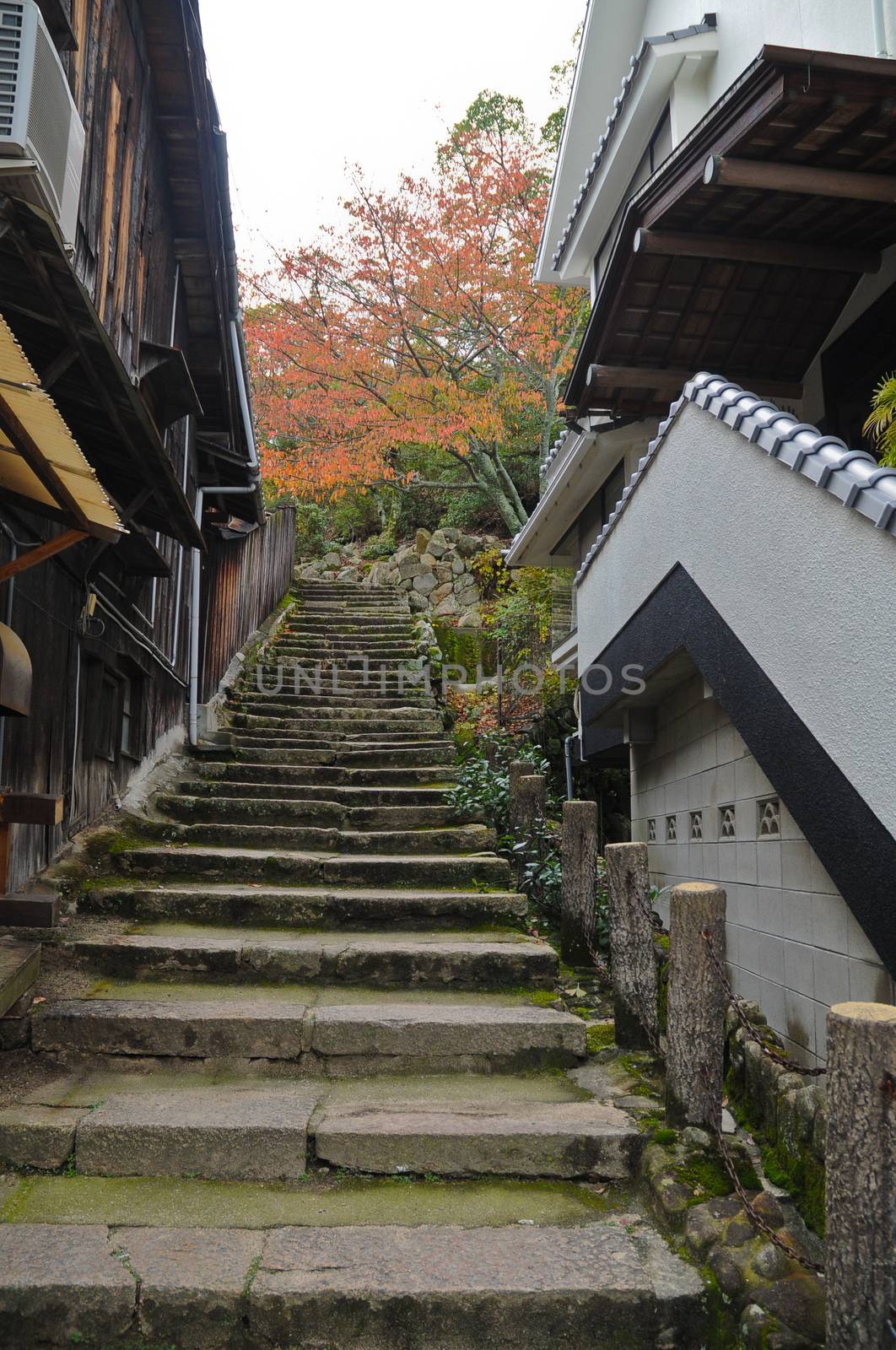 Quiet steps in old Mijayima village uphill in Hiroshima Japan by eyeofpaul