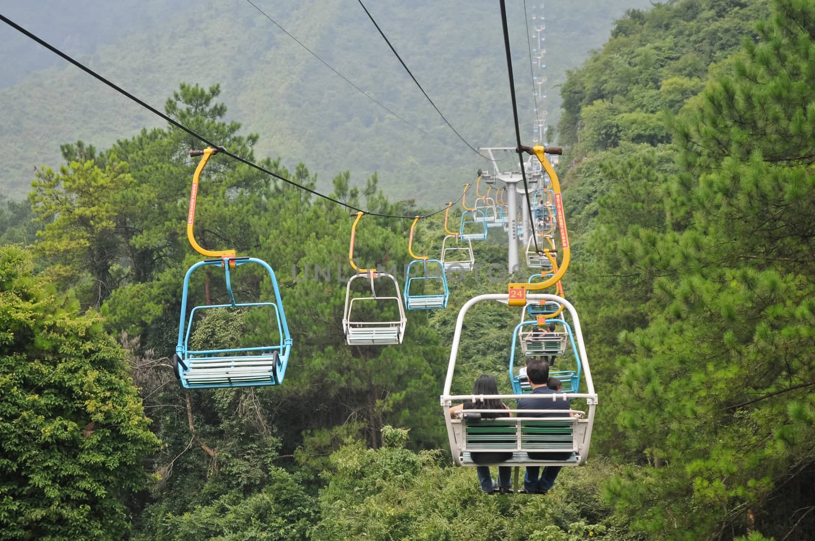 Hanging cable cars in China mountain