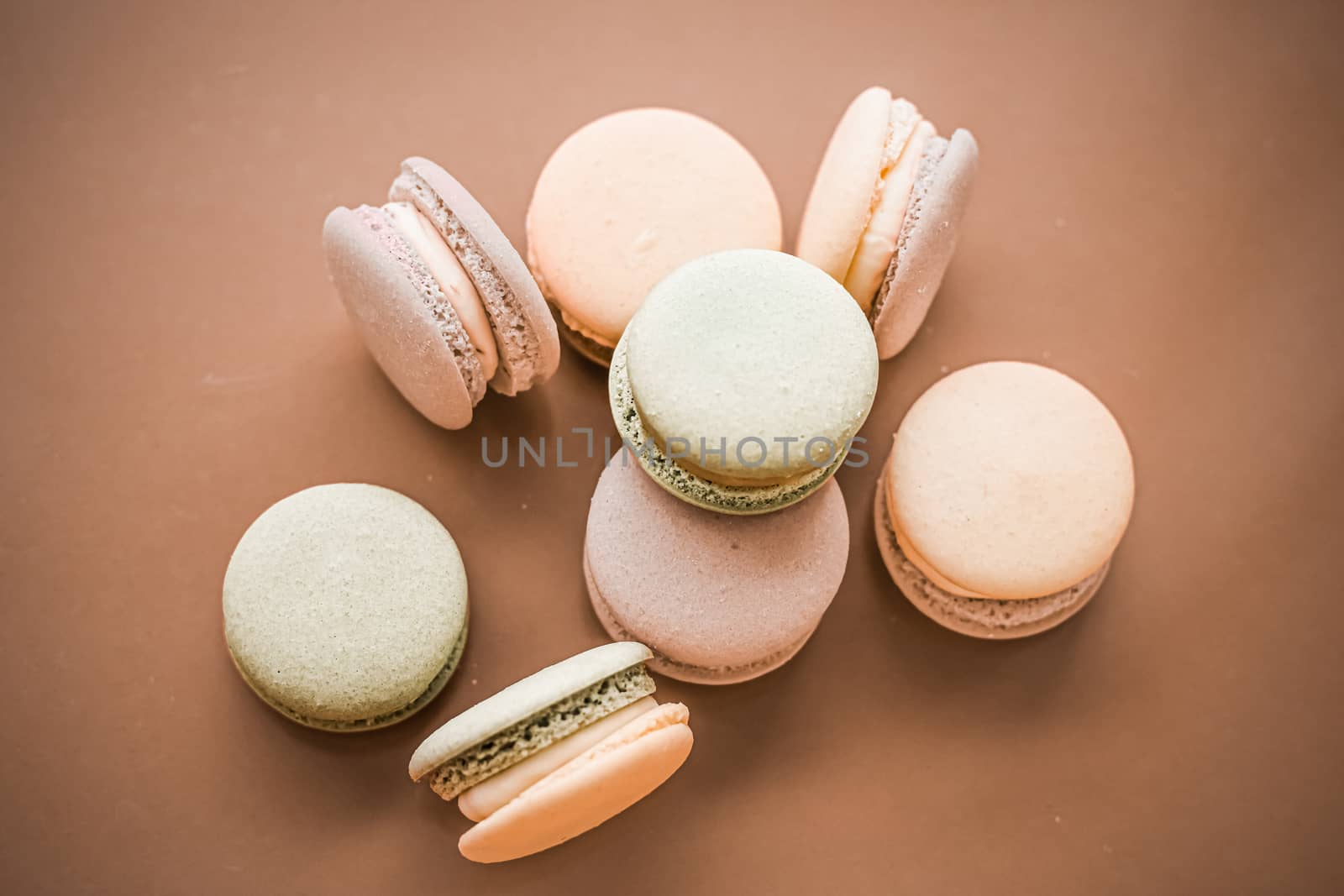 French macaroons on cream beige background, parisian chic cafe d by Anneleven