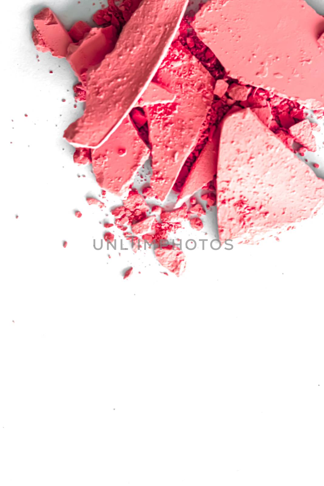 Red eye shadow powder as makeup palette closeup isolated on white background, crushed cosmetics and beauty textures