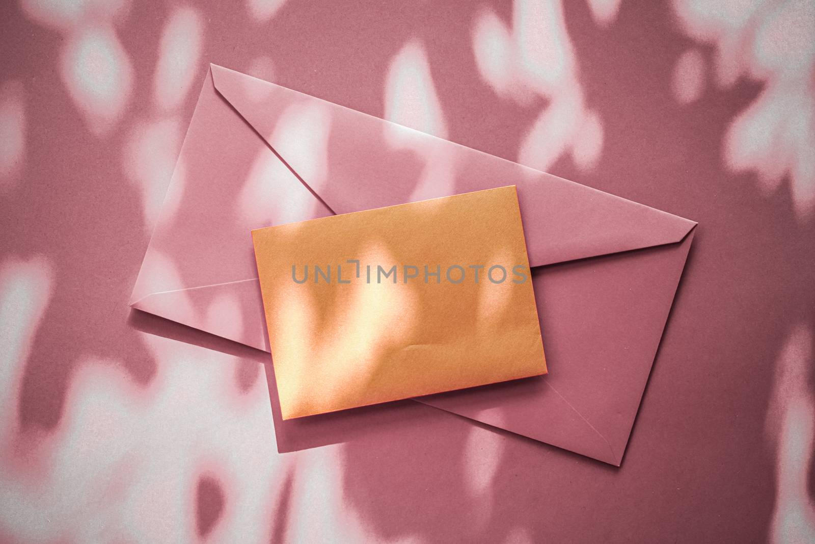 Holiday marketing, business kit and email newsletter concept - Beauty brand identity as flatlay mockup design, business card and letter for online luxury branding on pastel shadow background