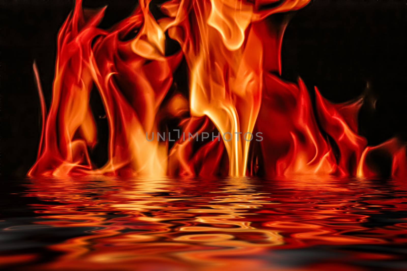 Hot fire flames in water as nature element and abstract background, minimal design