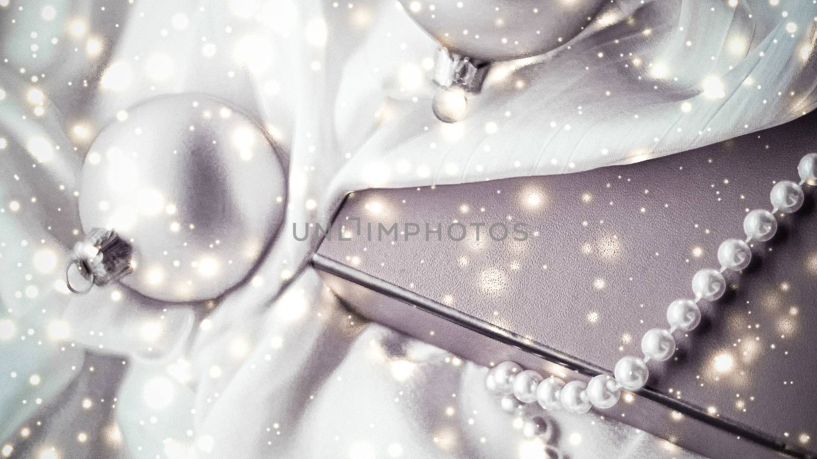 Holidays branding, glamour and decoration concept - Christmas magic holiday background, festive baubles, silver vintage gift box and golden glitter as winter season present for luxury brand design