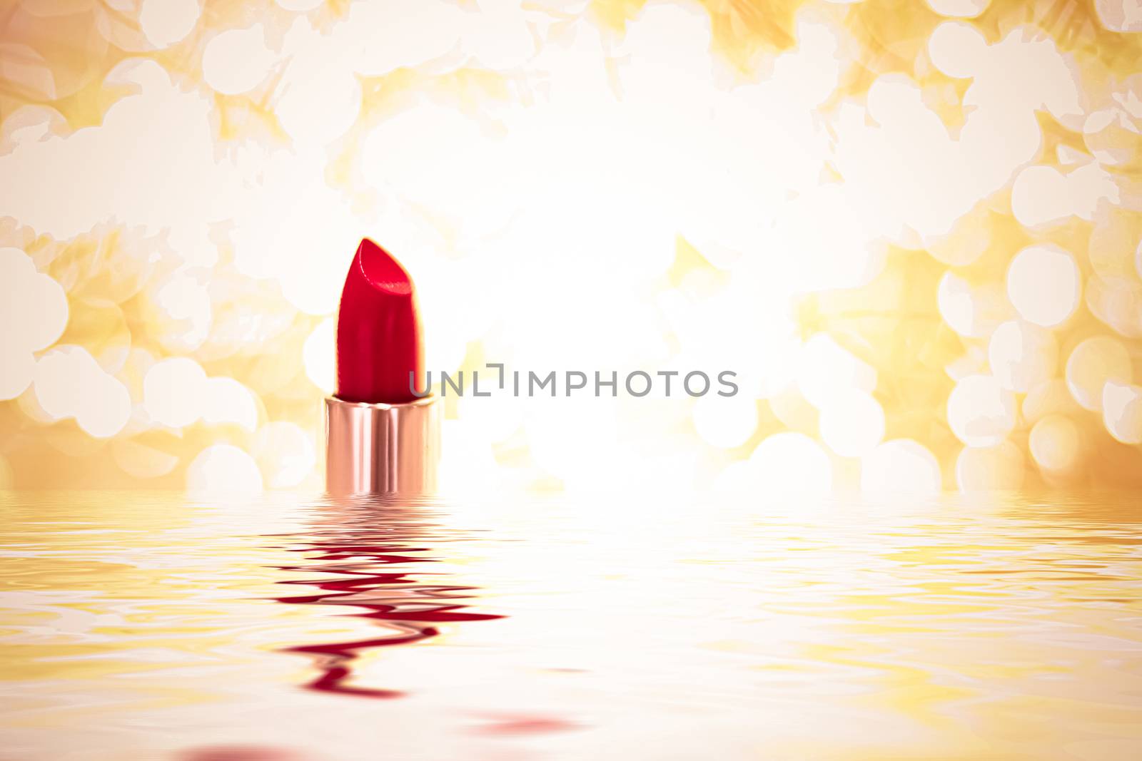 Red lipstick on golden background, make-up and cosmetic product by Anneleven