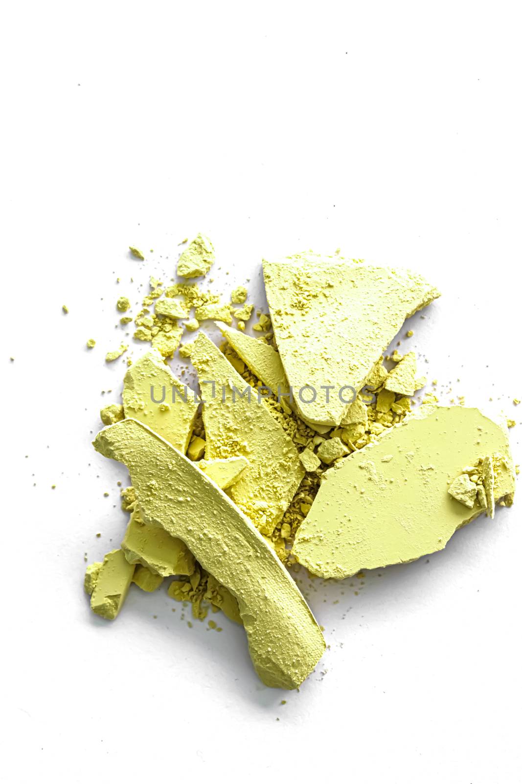 Eye shadow powder as makeup palette closeup isolated on white background, crushed cosmetics and beauty textures