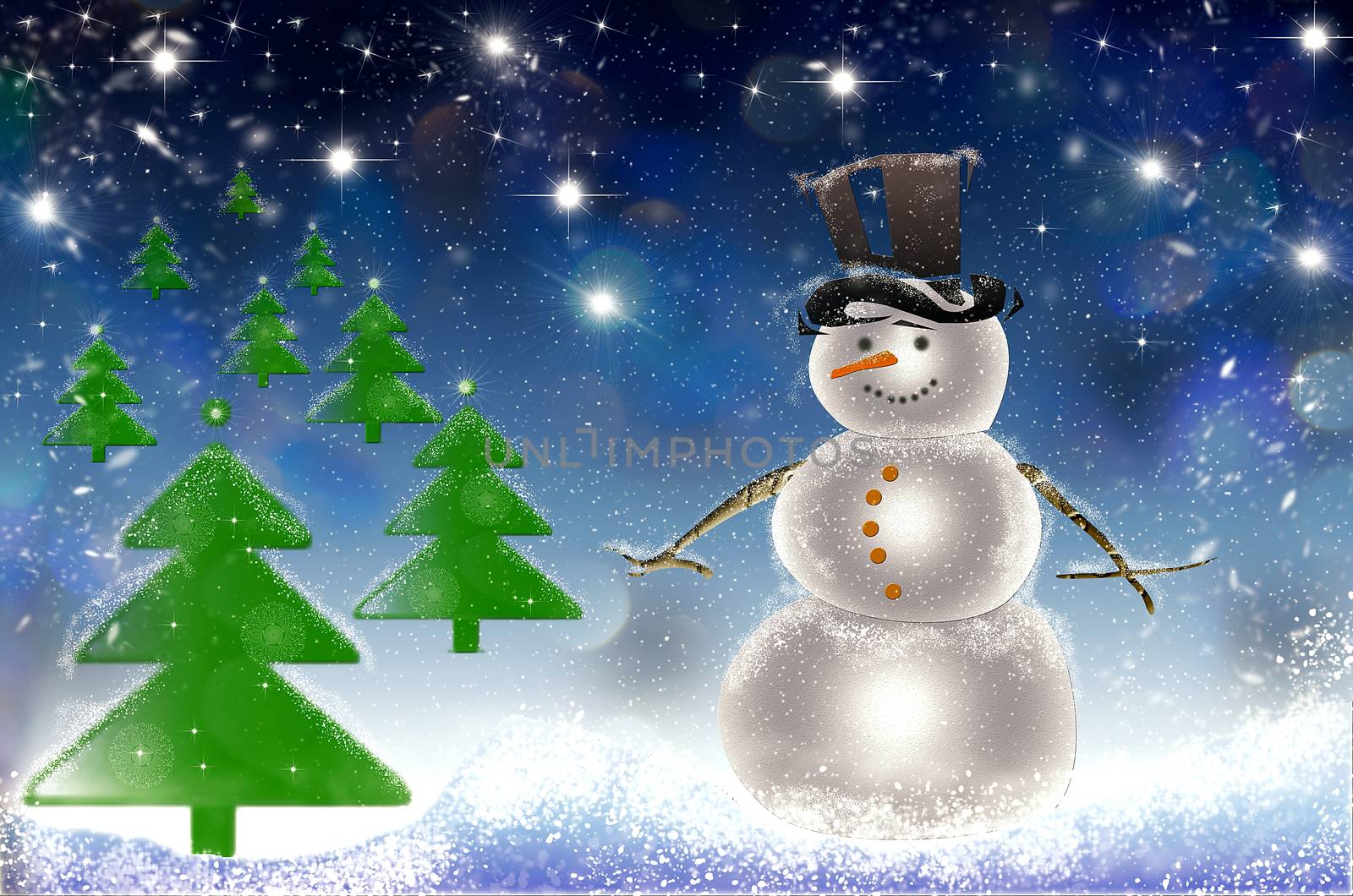 Christmas card with snowman, snow and fir trees. Snowy night with stars, snowman, falling snow, snowflakes, snowdrift for winter and new year holidays. Stock illustration