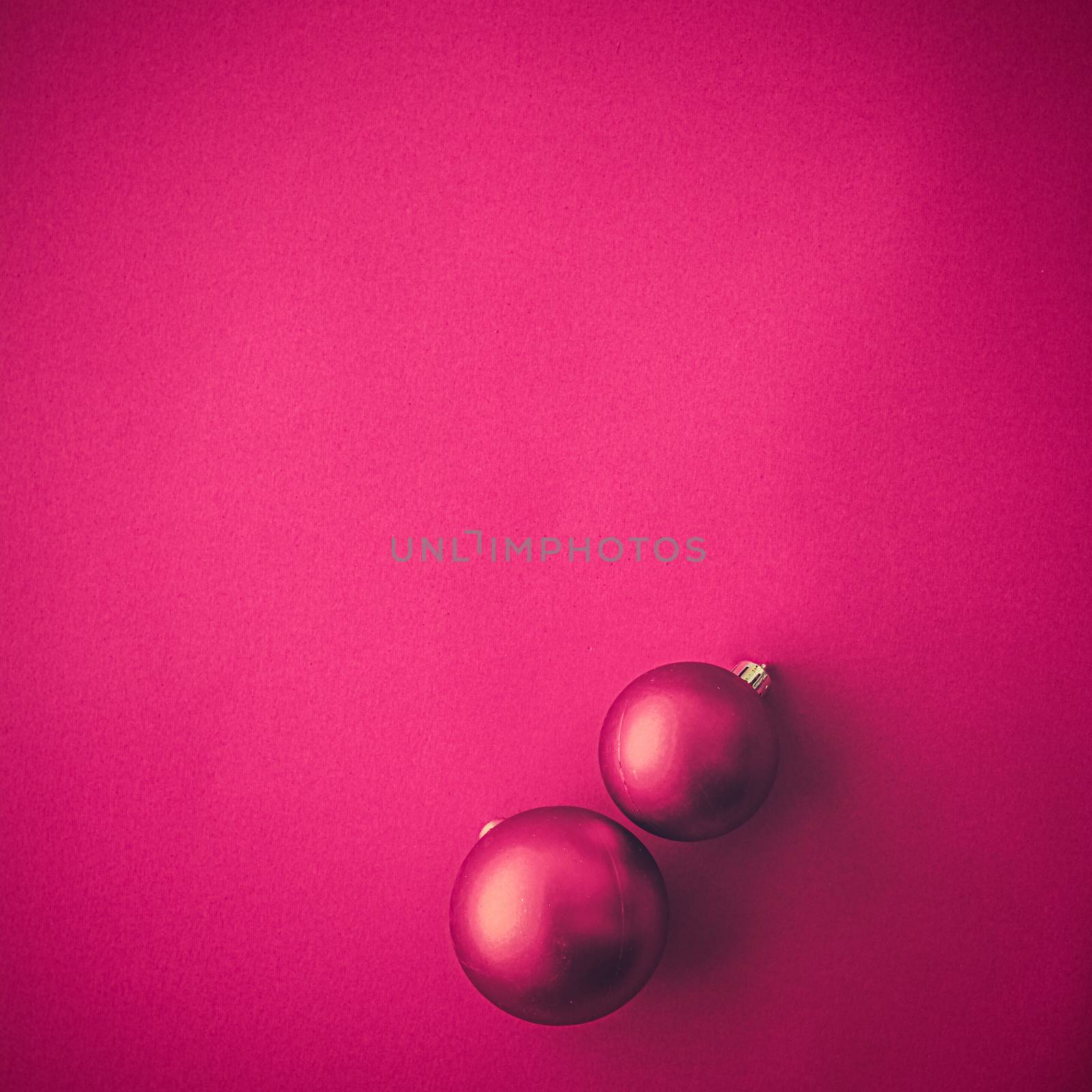 Christmas baubles on pink flatlay backdrop, luxury winter holida by Anneleven