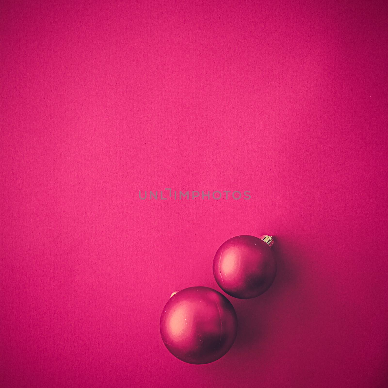 Gift decor, New Years Eve and happy celebration concept - Christmas baubles on pink flatlay backdrop, luxury winter holiday card background