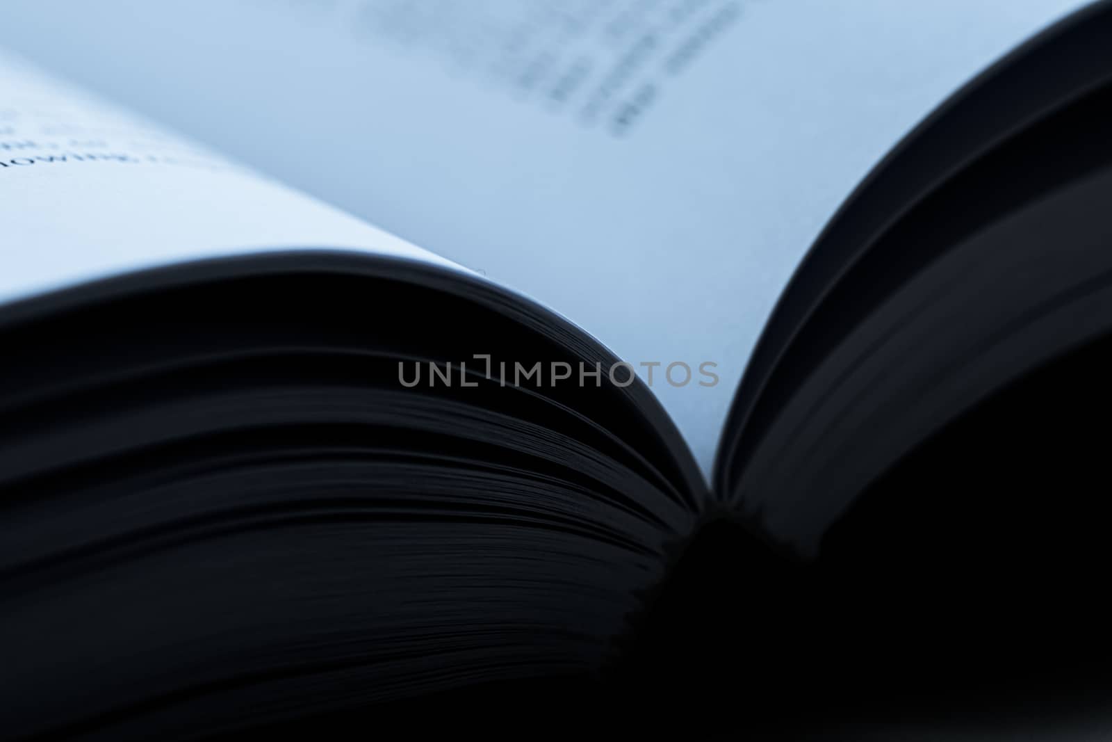 Blue toned macro closeup of an open book, education and studies