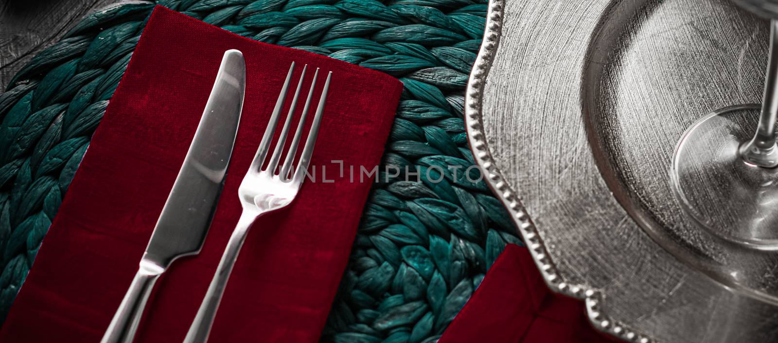 Table scape, menu and interior concept - Holiday table setting with red napkin and silver cutlery, food styling props, vintage set for wedding, event, date, party or luxury home decor brand design