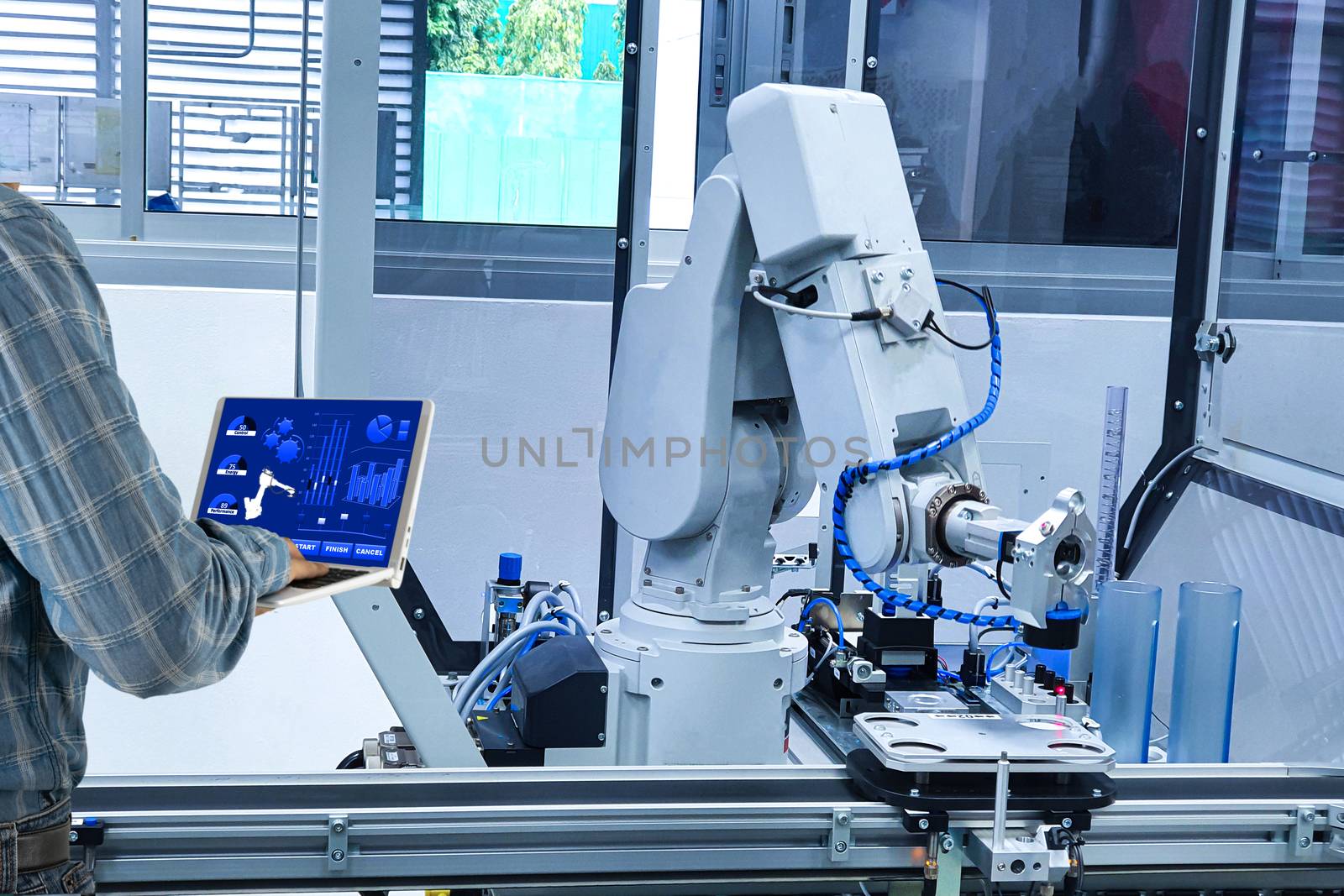 Manager engineer check control automation Robotic arms, industrial robots, factory automation machines
